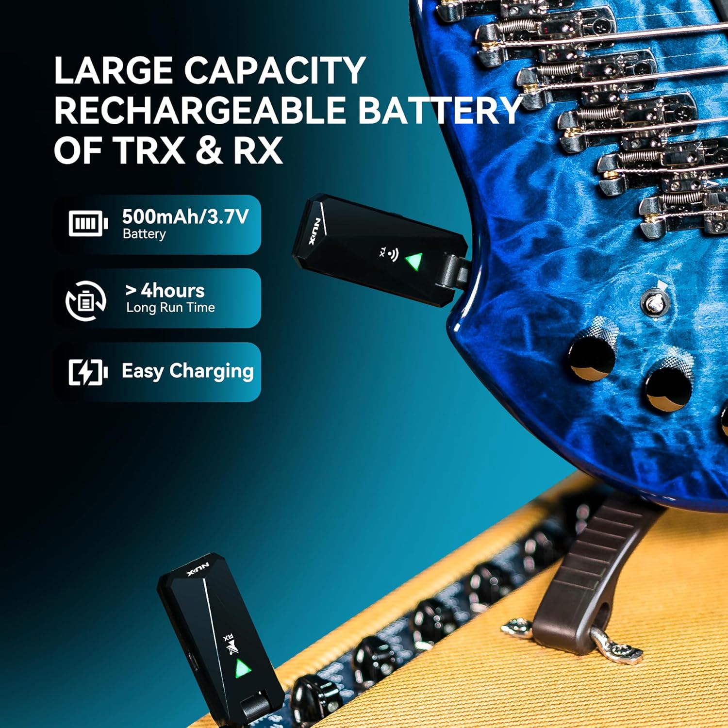 NUX B-5RC Wireless Guitar System with Charging Case, 2.4GHz Wireless Transmitter and Receiver with Active or Passive Pickup，Auto Match, Mute Function, Cabletone Function, Black