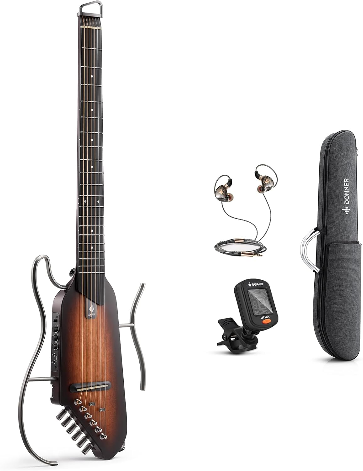 Donner HUSH I Guitar For Travel - Portable Ultra-Light and Quiet Performance Headless Acoustic-Electric Guitar, Mahogany Body with Removable Frames, Gig Bag, and Accessories Natural