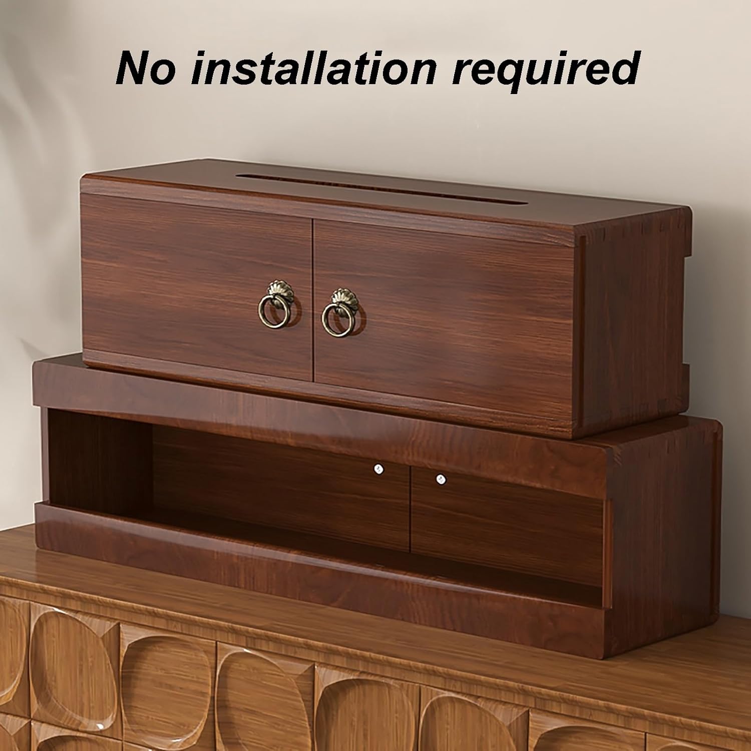 Router Shelf Wall Mount, Wooden WiFi Router Storage Box, Home Media Storage Cabinet for Living Room, No Signal Blocking, No Assembly Required(Walnut Color,48cm)