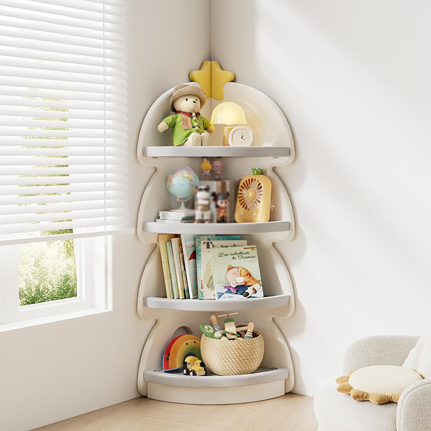 4 Tiers Corner Bookshelf, Modern Storage Display Book Shelf, Modern and Simple Bookcase, Floor-Standing Rack, for Bedroom, Living Room, Kitchen, Home Office(White)