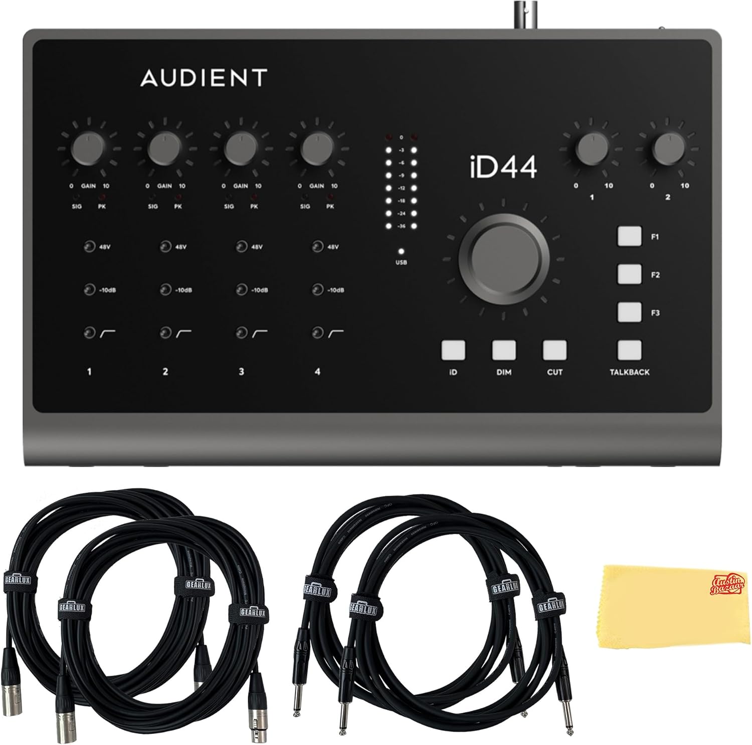 Audient ID44MKII USB Audio Interface Bundle with 2 Instrument Cables, 2 XLR Cables, and Austin Bazaar Polishing Cloth