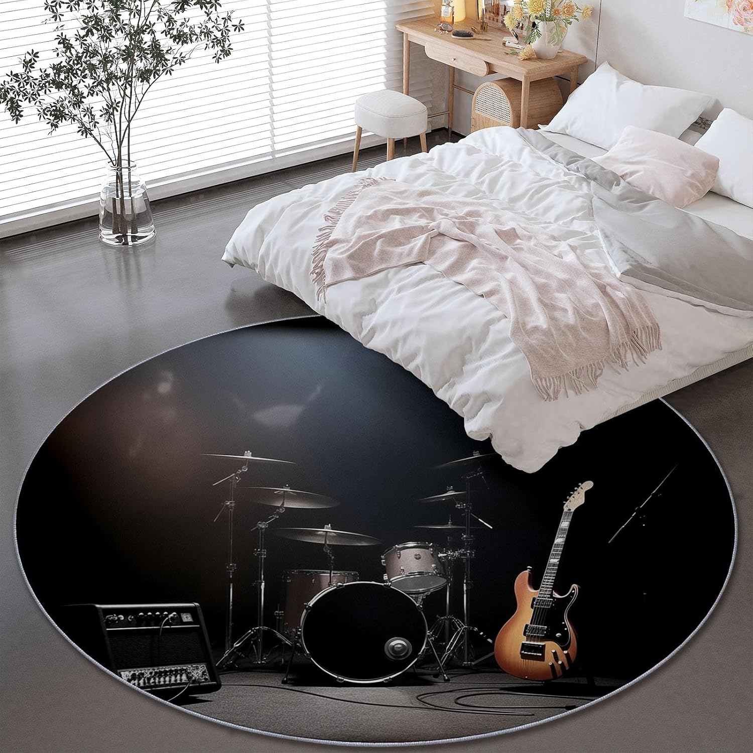 Round Area Rugs Modern Drums Electric Guitar Pattern, Black Non-Skid Lightweight Washable Area Rugs - 5 ft Soft Durable Circle Carpet for Bedroom Living Room Baby Room Nursery Bathroom Home Decor