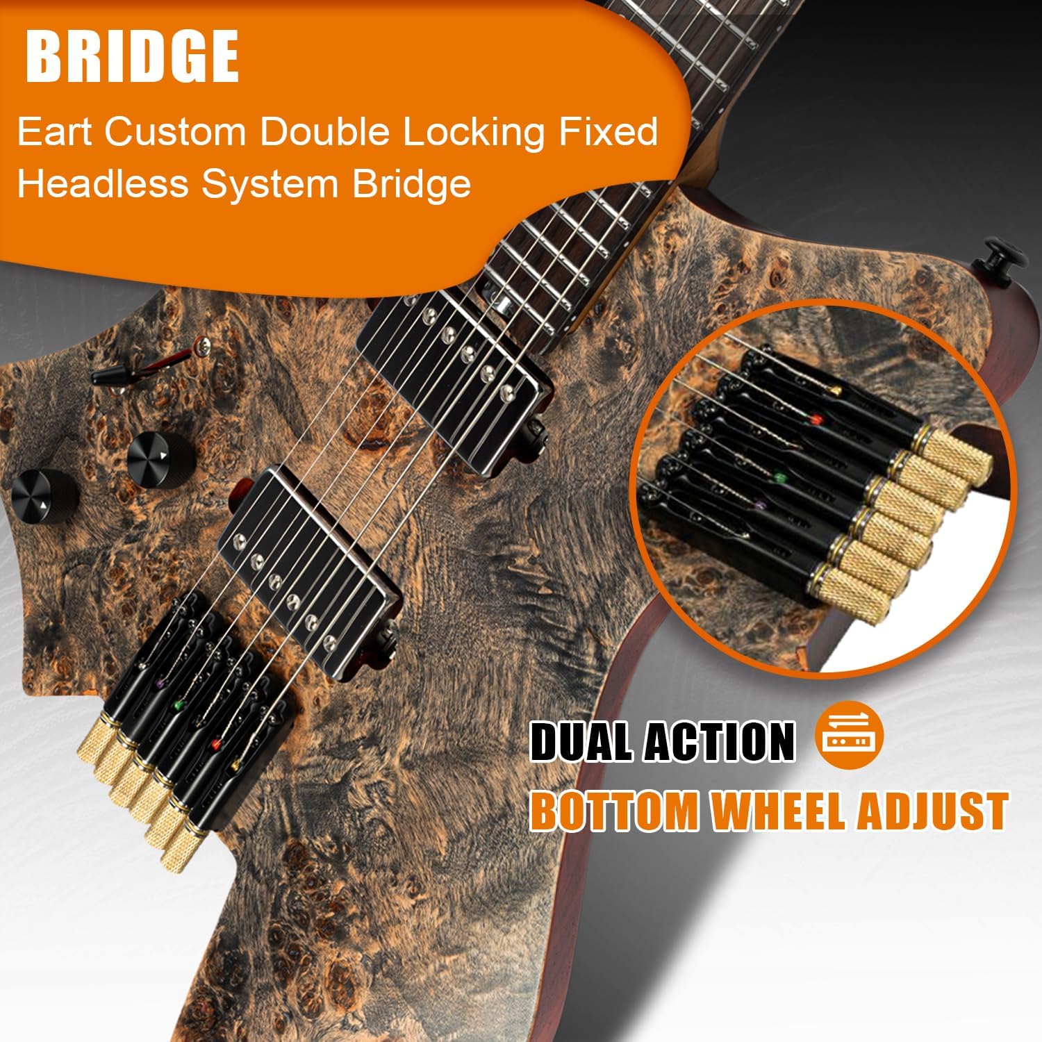 EART GW2L Headless Electric Guitar - Roasted Padauk/Poplar Burl Solid-Body, Compound Radius Neck, Custom Alnico-V Pickups, Headless Bridge System - Left Hand