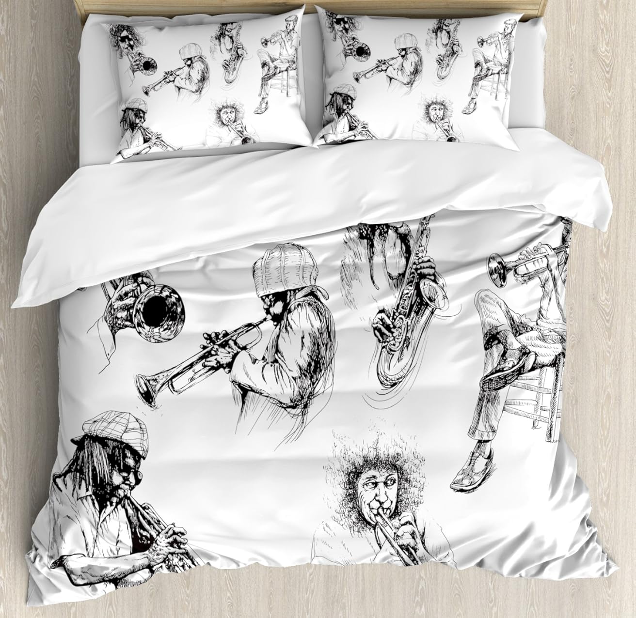 Ambesonne Music Duvet Cover Set, Sketch Image Jazz Players Playing Instruments Trumpet Saxophone Music Theme, Decorative 3 Piece Bedding Set with 2 Pillow Shams, King Size, Charcoal Grey White