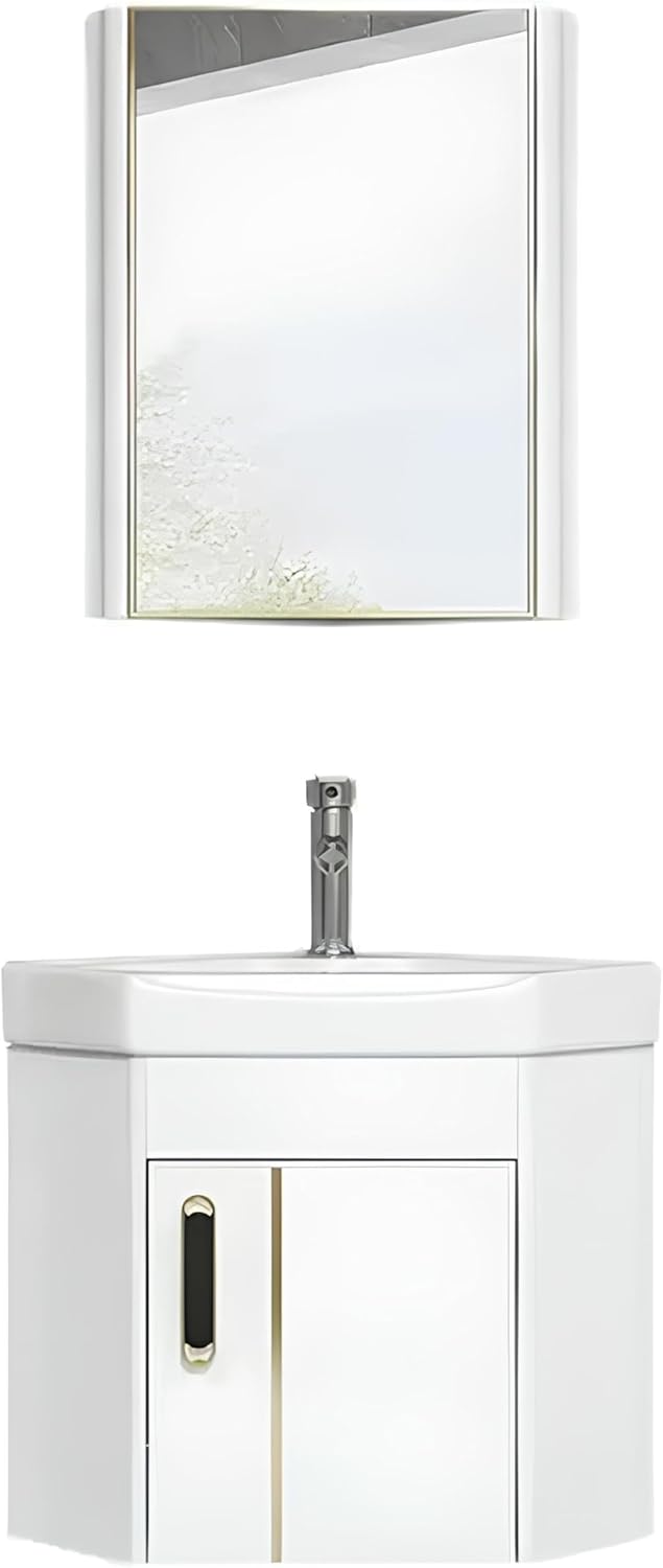 Generic Corner Bathroom Vanity Cabinet and Sink, Wall Mount Multifunctional Practical Ceramic Sink with Mirror Cabinet, Freestanding Vanity Sinks for Bathrooms, Laundry Room, Balcony, White