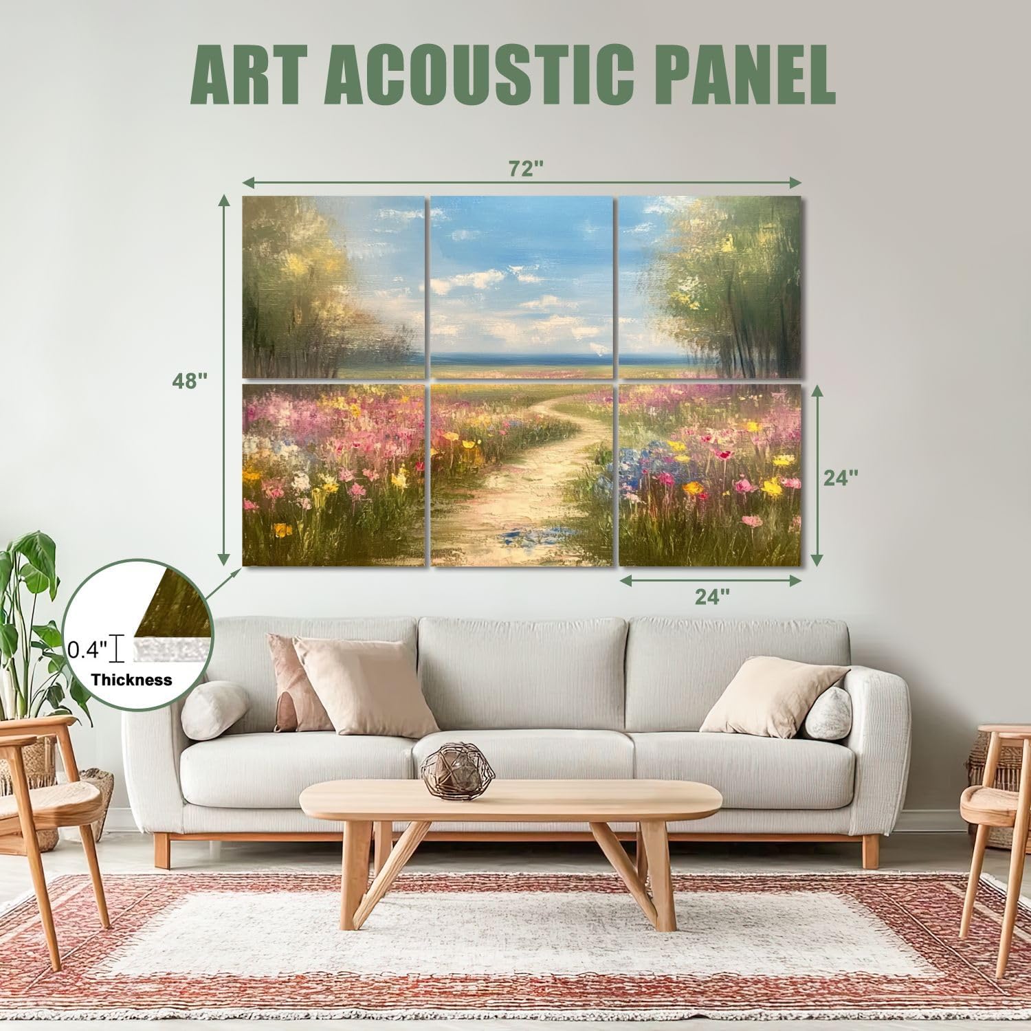 6 Pack Art Acoustic Panels Sound Absorbing Framed Flowers Art Colorful Wildflower Field Nature Spring Landscape Decorative Soundproof Wall Panels Self Adhesive for Recording Studios Office 72