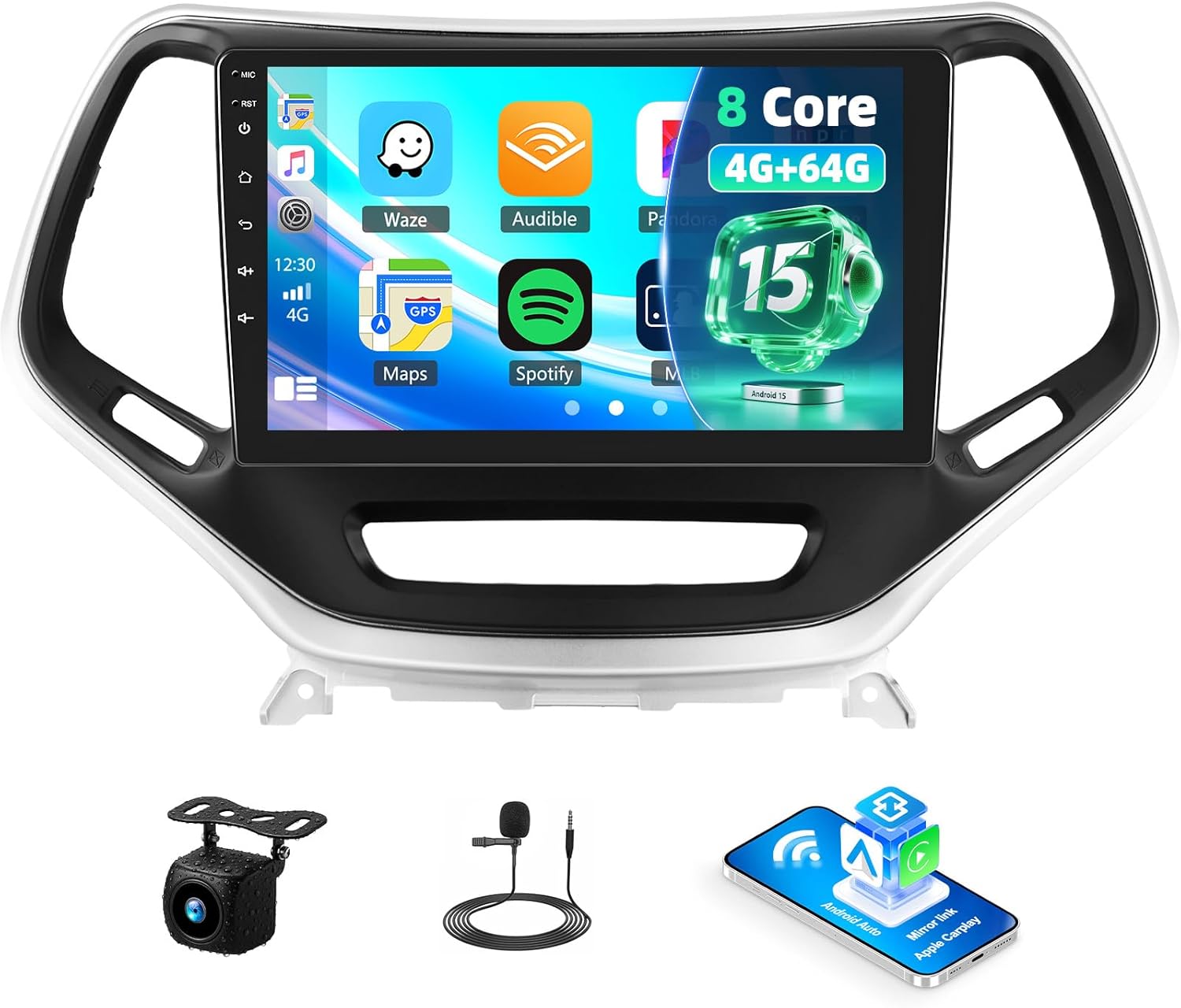 [8 Core 4+64GB] Qualcomm Android 15 Car Stereo for Jeep Cherokee 2013-2018 with Wireless CarPlay&Android Auto,10.1