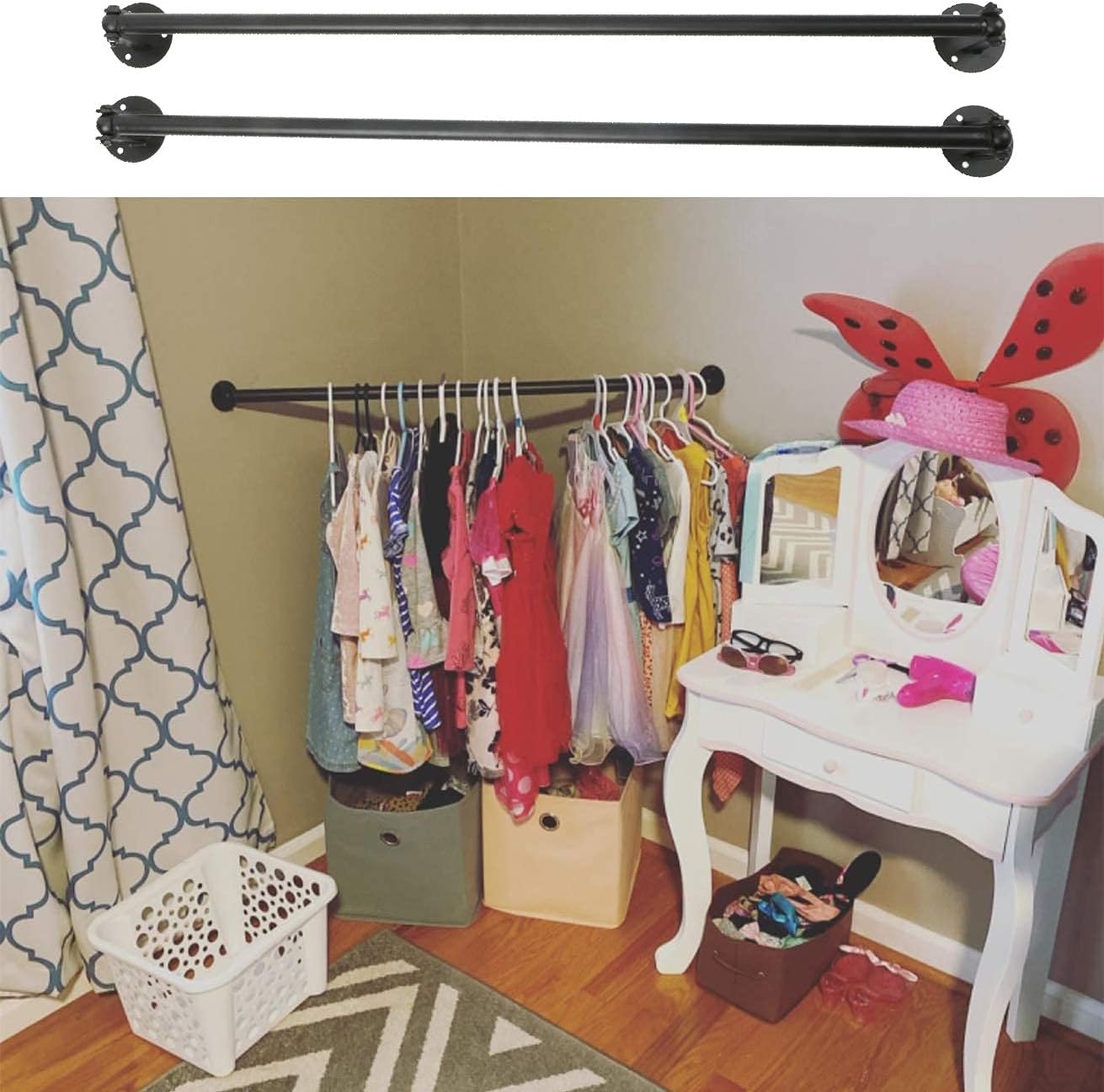 MYOYAY Corner Garment Rod 34 inches 2 Pack Industrial Pipe Clothes Hanging Bar For Corner Angle Adjustable Wall Mounted Clothes Rack Black Space Saving Metal Dryer Rails