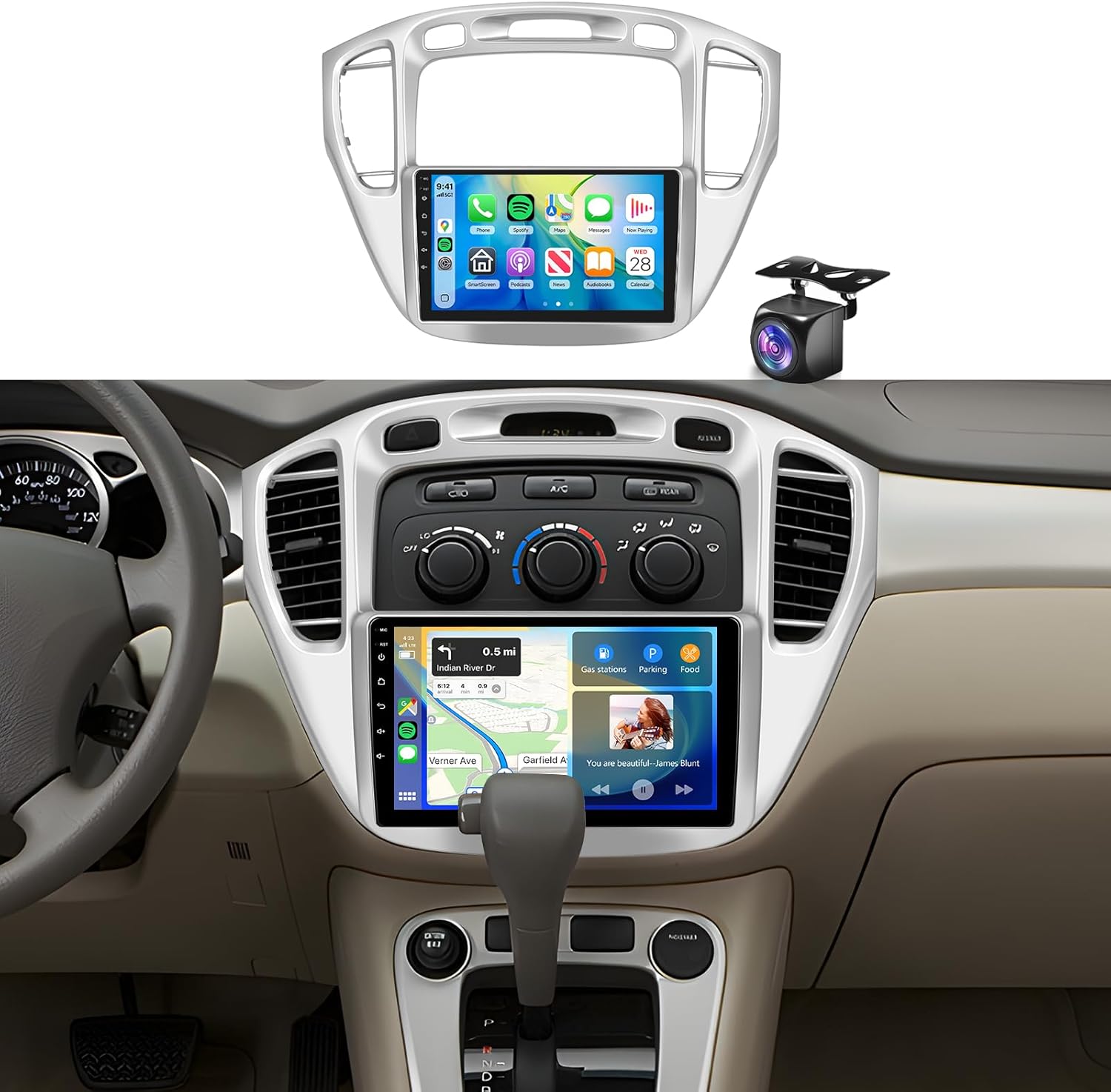 2G+64G Wireless Carplay Radio for Toyota Highlander 2000-2007 Car Stereo with 9inch 1080P IPS Touch Screen,5.0 Bluetooth 16EQ,AHD IP69 Backup Camera,Android Auto Mirror Link RCA SWC FM/RDS