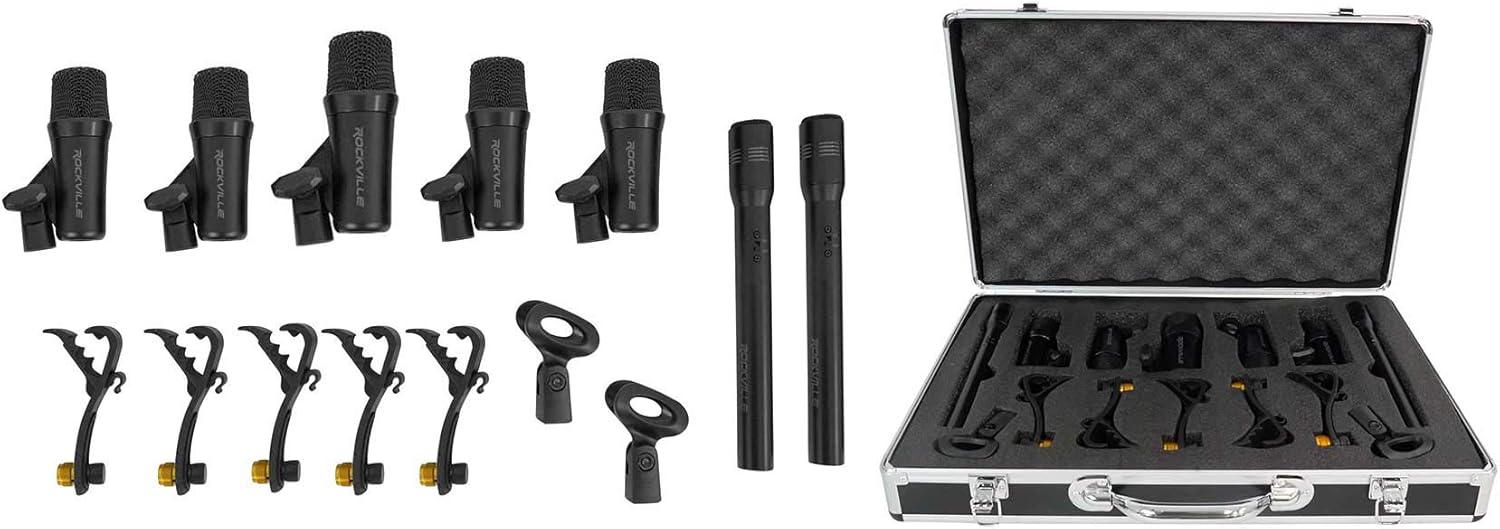 Rockville PRO-D7 KIT 7-Mic Drum Microphone Set, 1 Bass, 4 Snare, 2 Overhead Condenser Mics, All-Metal Build, Includes Clips and Case, for Studio and Live Drum Recording