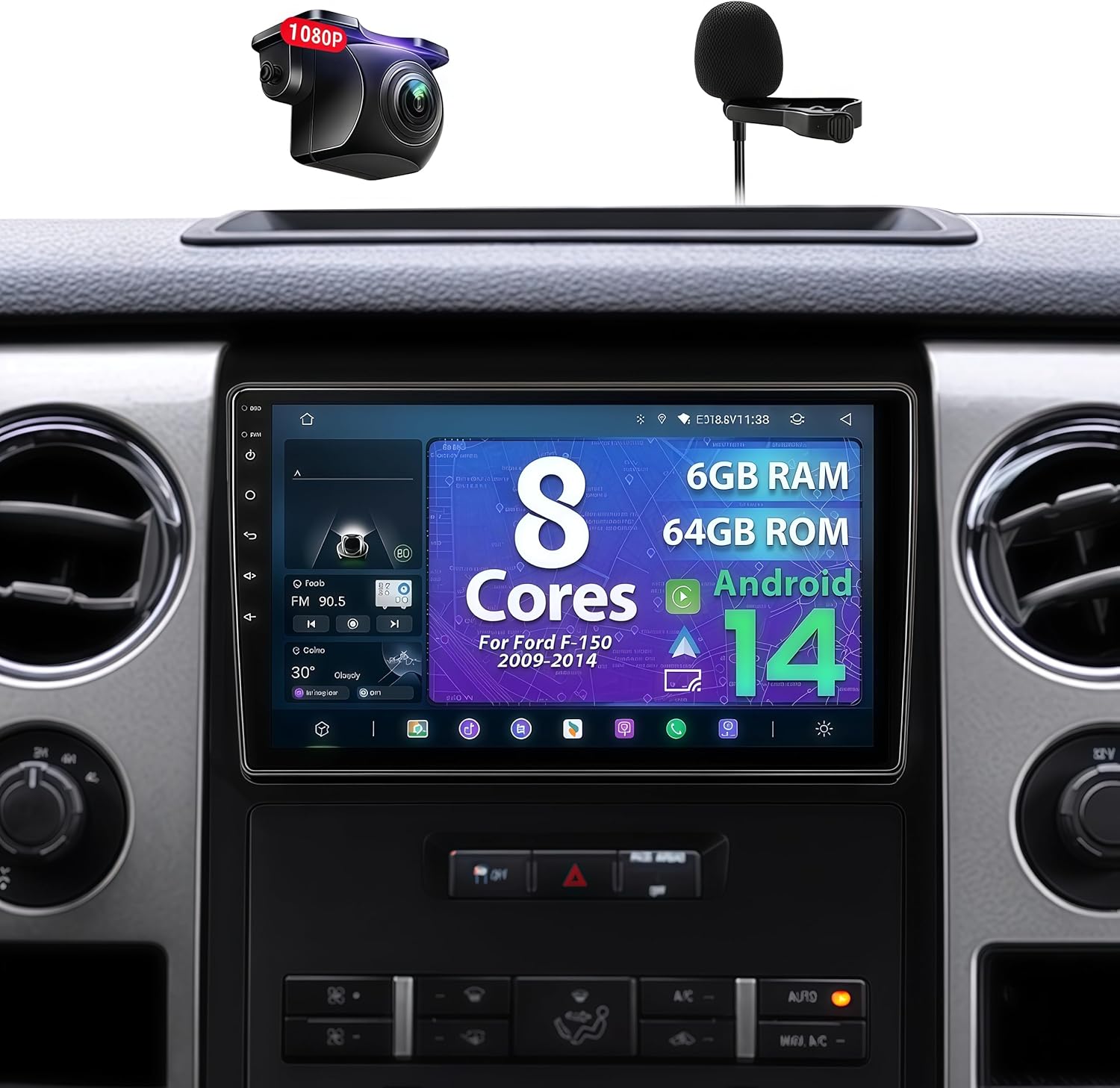 8 Core 6G+64G Car Radio for Ford F150 2009-2014, Android 14 F-150 Car Stereo with Wireless CarPlay & Android Auto, 9