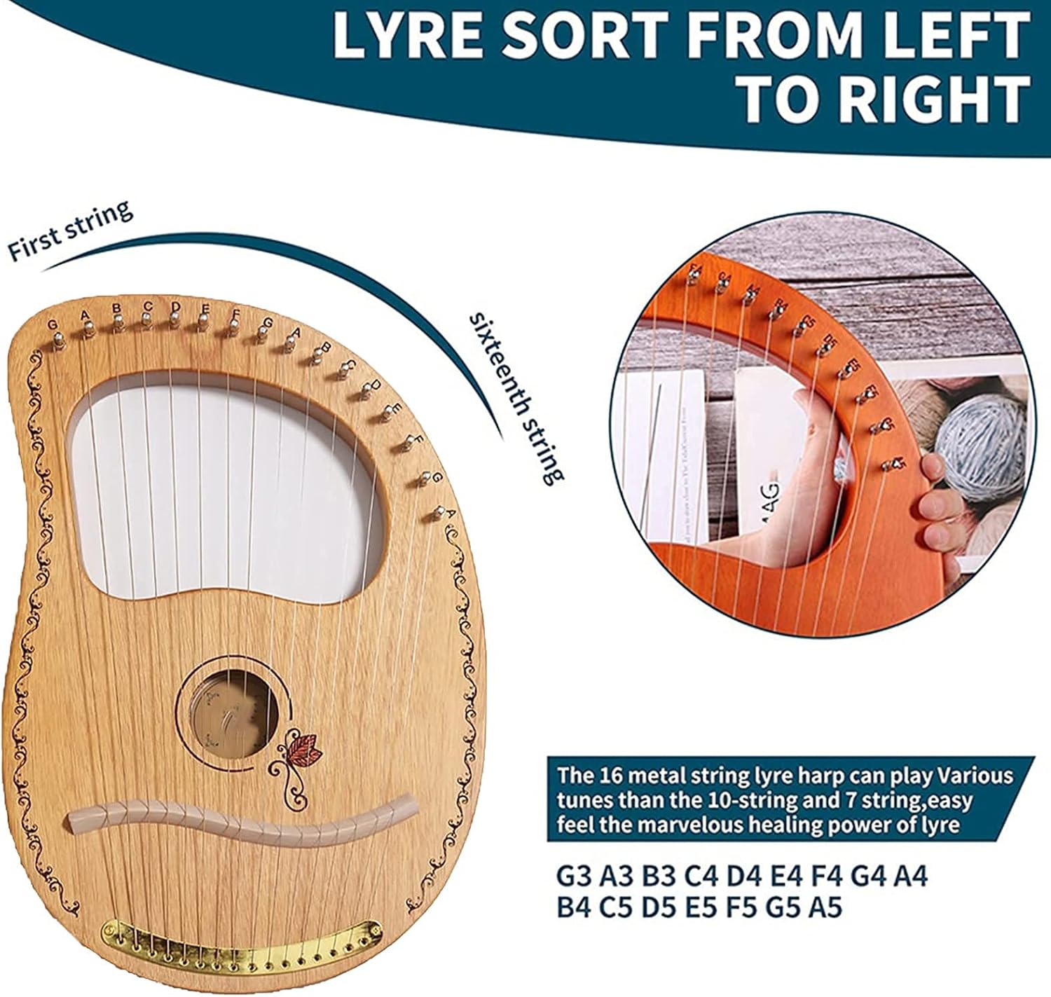 Hand Made Lap Harp, Lyre Harp 16 Metal Strings,Lute Guitar Mahogany Lyre Suitable Harp Instrument Mountain Dulcimer Best Gift For Music Lovers, Beginners, Children, Adult Harp