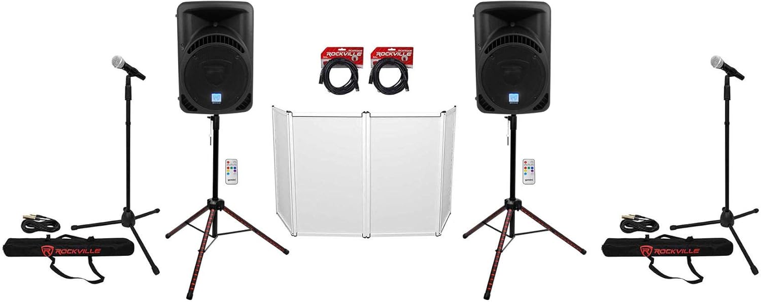 (2) Rockville RPG12BT V2 800W Speakers Bundle with Rockville RFAAW DJ Event Facade, (2) Rockville RCXFM20E-B Mic Cables, (2) Rockville Pro MIc Kit 1 Mic & (2) Rockville Party Stands Speaker (5 Items)