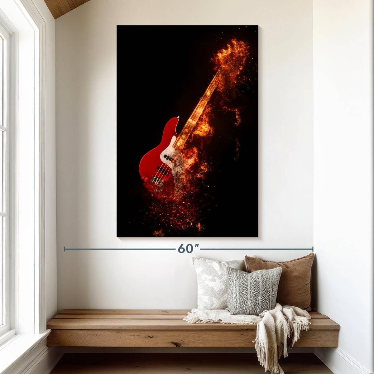 ElephantStock - Flaming Bass Guitar Wall Art - Vertical Canvas Wall Art - Living Room Wall Decor - Digital Art Music Canvas Art - Black And Orange Decor - 34