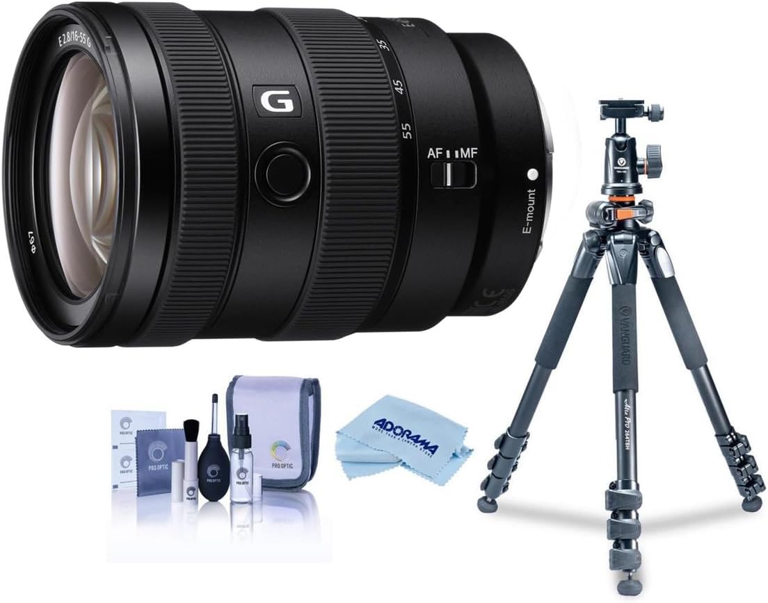 Sony E 16-55mm f/2.8 G Lens, Bundle with Takama 3-Section Aluminum Video Tripod with Fluid Head, Cleaning Kit, Cleaning Cloth
