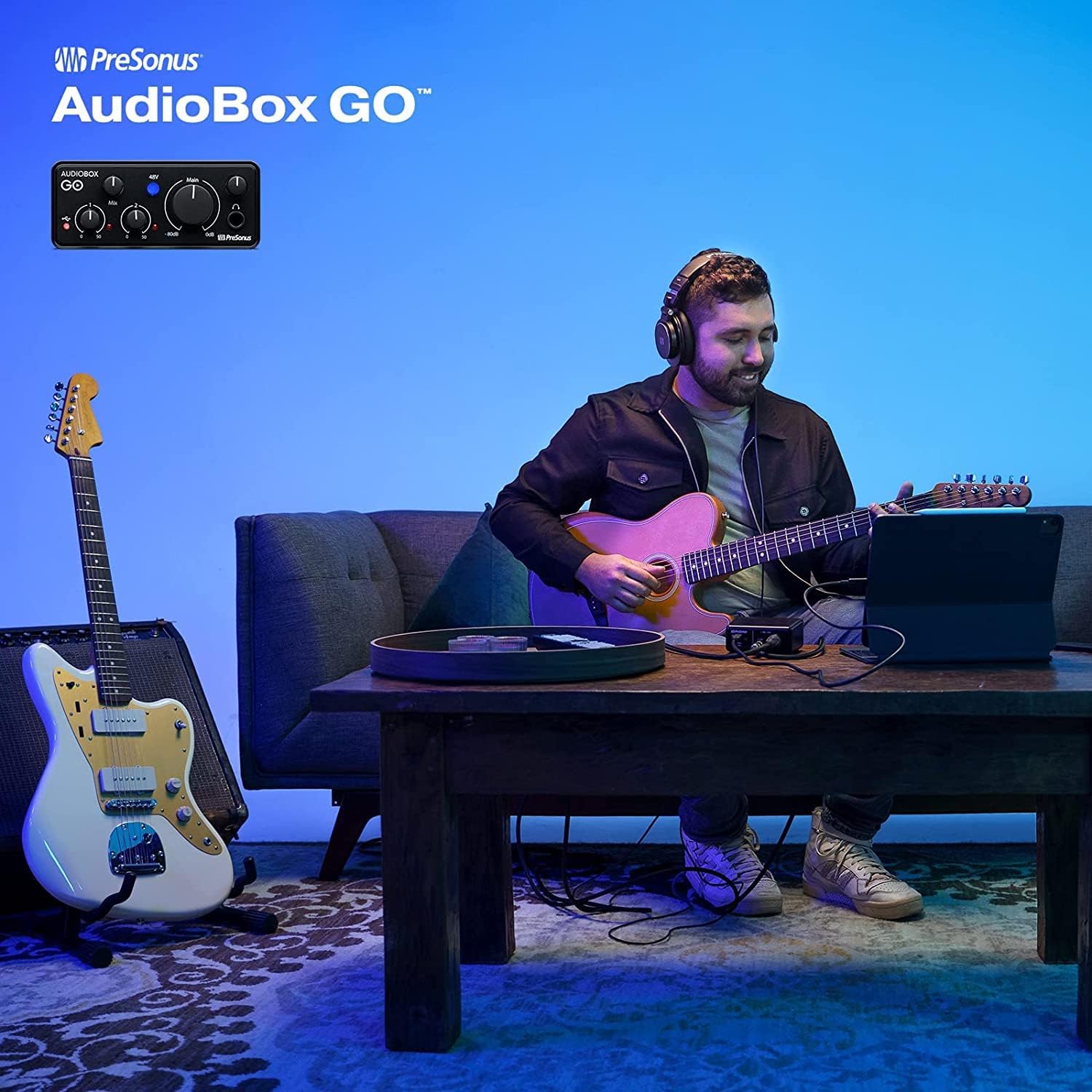 PreSonus AudioBox GO USB-C Recording Bundle with Condenser Microphone Studio Headphones Boom Stand Pop Filter XLR Cable and Studio One Music Production Software