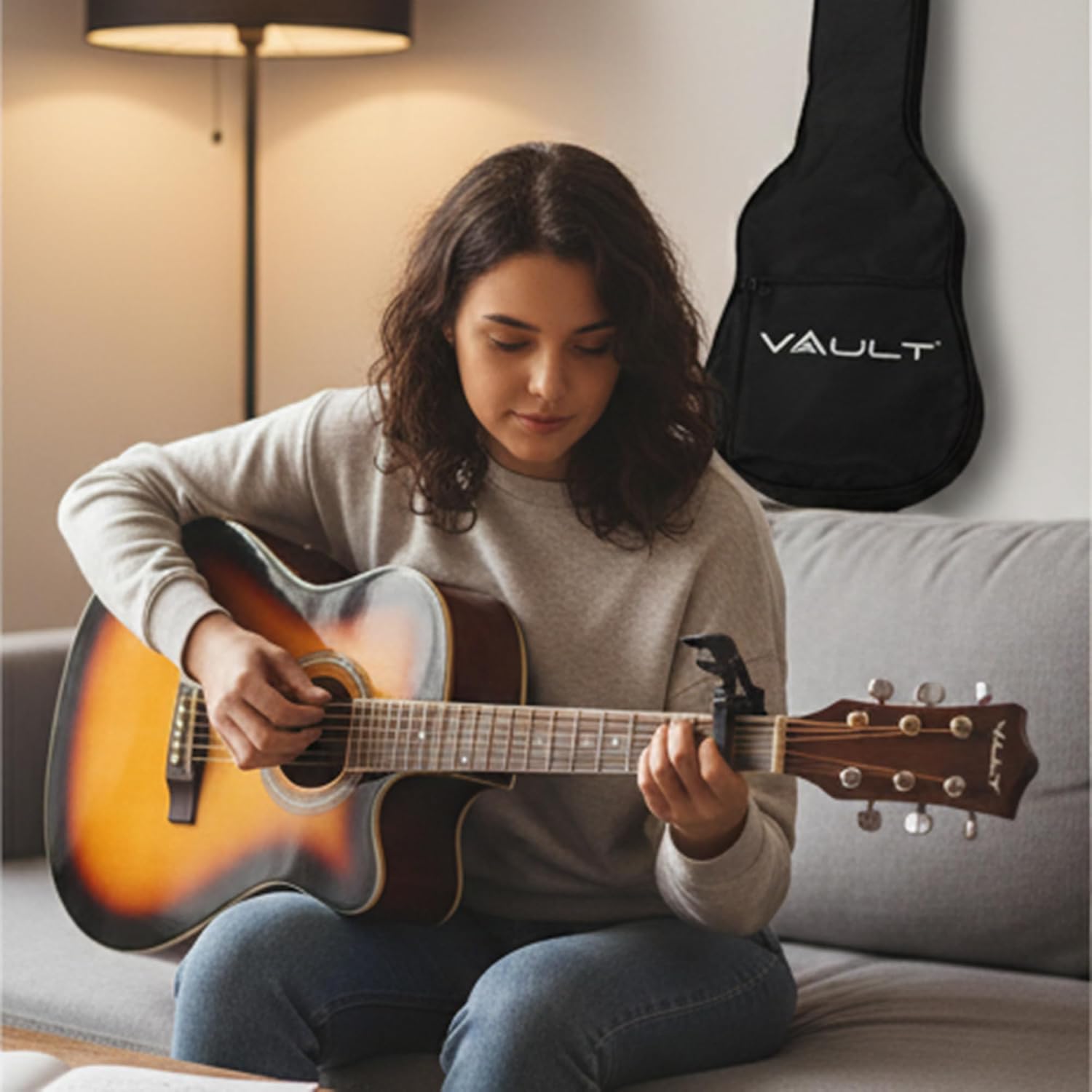 Vault EA-20 Full-Size Cutaway Acoustic Guitar - Sunburst Bundle with Gig Bag, Strap, Strings, String Winder, Allen Wrench, Picks, and Polishing Cloth