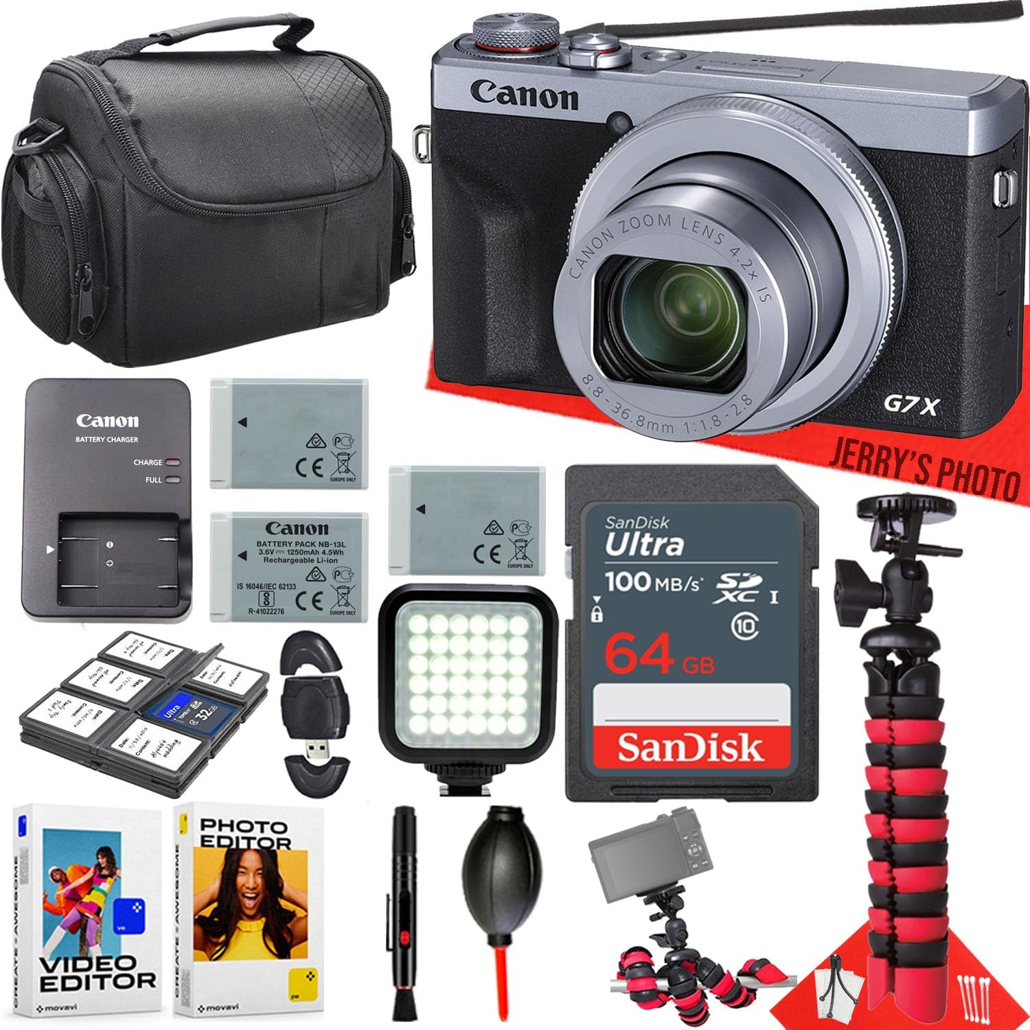 Canon PowerShot G7 X Mark III Digital Camera (Silver) + Led Light + 64GB Memory + 2pc Extra Batteries + Spider Tripod + Cleaning Kit + More (16pc Bundle) (Renewed)