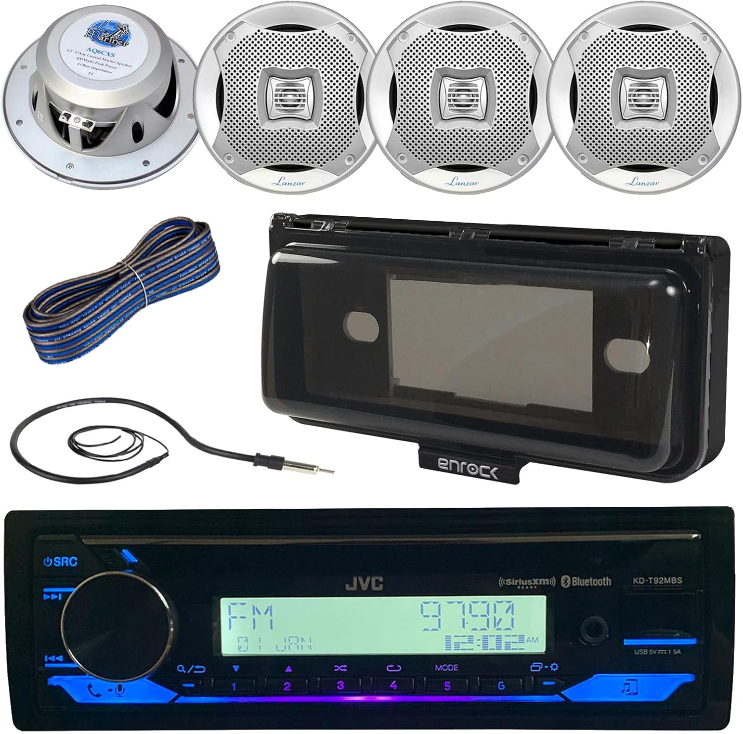 Single DIN Marine Motorsports Bluetooth USB AUX AM/FM Radio Stereo CD Player Receiver + 4X 400W 6.5