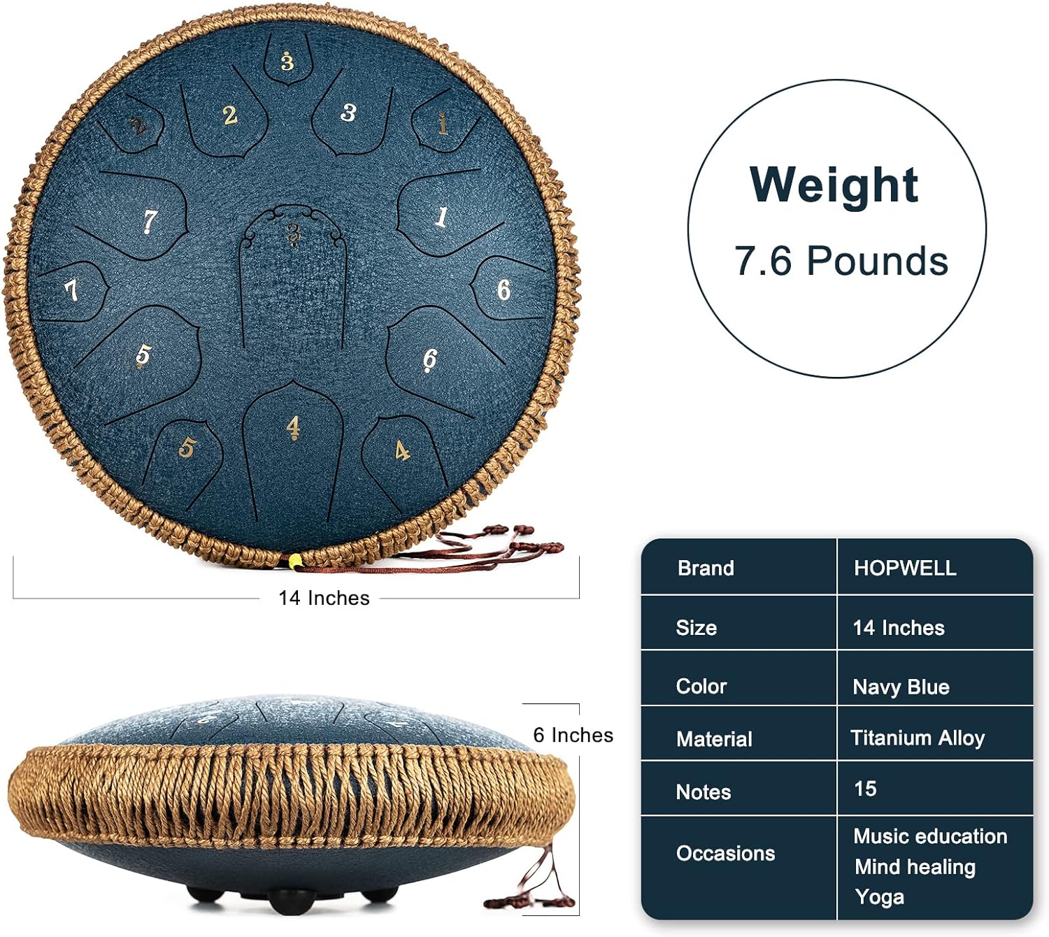 Steel Tongue Drum - 14 Inch 15 Note Tongue Drum - Hand Pan Drum with Music Book, Handpan Drums Mallets and Carry Bag, D Major (Navy Blue)