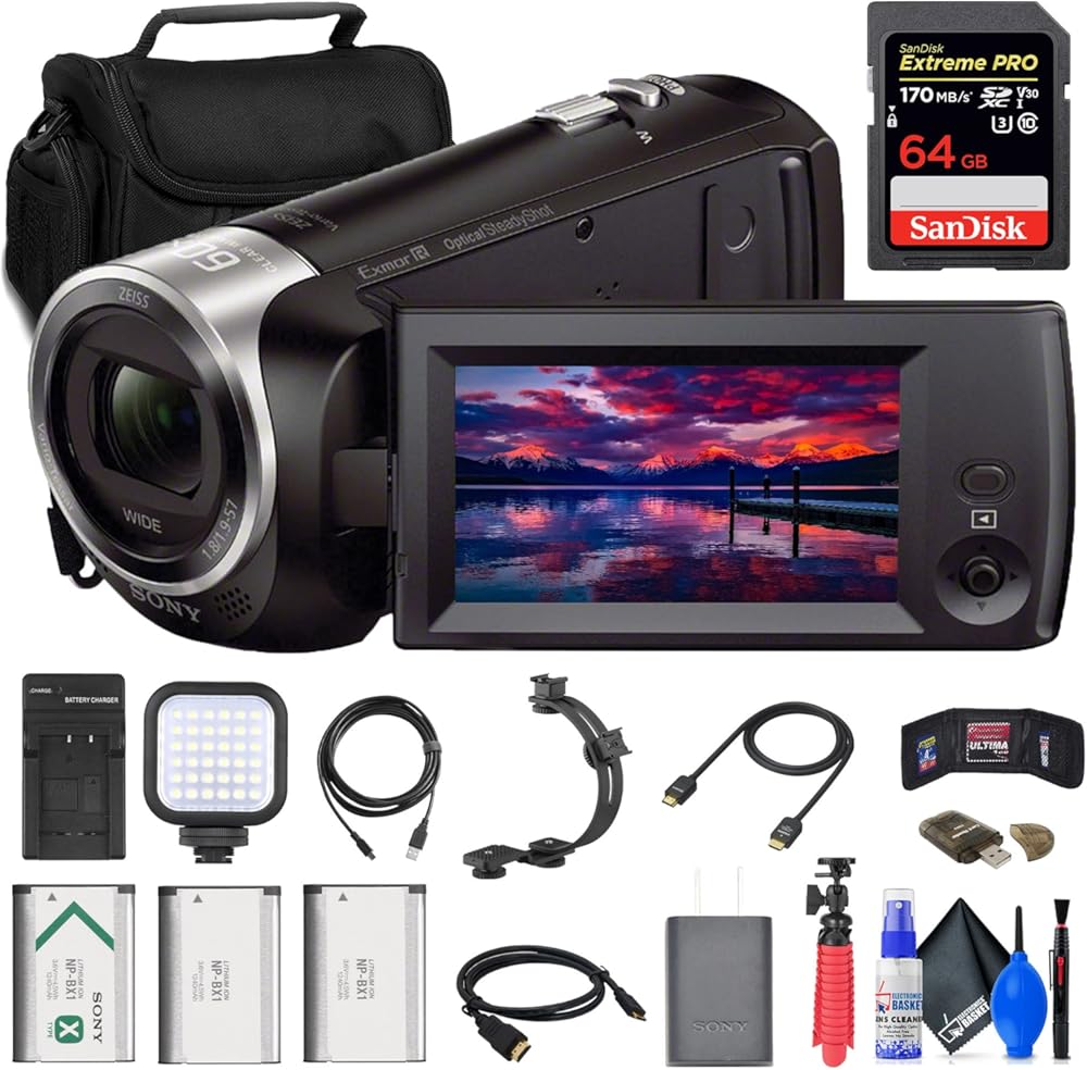 Sony HDR-CX405 HD Handycam (HDRCX405/B) + 64GB Memory Card + Bag + 2 x NP-BX1 Battery + Card Reader + LED Light + HDMI Cable + Charger + Flex Tripod + Grip + Memory Wallet + Cleaning Kit (Renewed)