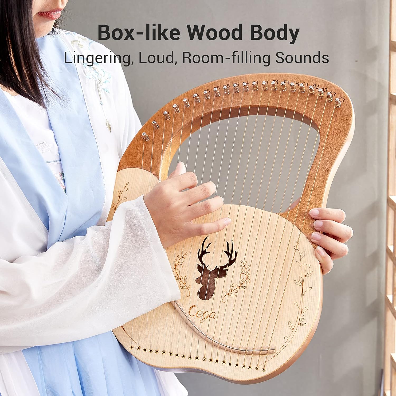 Lyre, Lyre,Cega 21 Metal Strings Lyre Harp Box Lyre Harp Spruce Topboard Mahogany Backboard String Instrument with Tuning Wrench Strings Picks Music Note Sticker