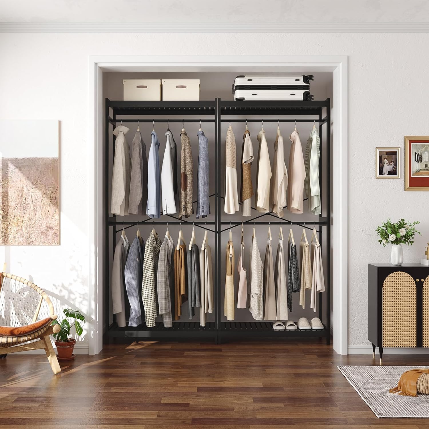 Homykic Bamboo Clothes Rack with Shelves and Double Hang Rods, Portable Closet System Garment Rack for Hanging Clothes, Tall Clothing Rack Corner Closet Organizer, Easy to Built, Freestanding, Black