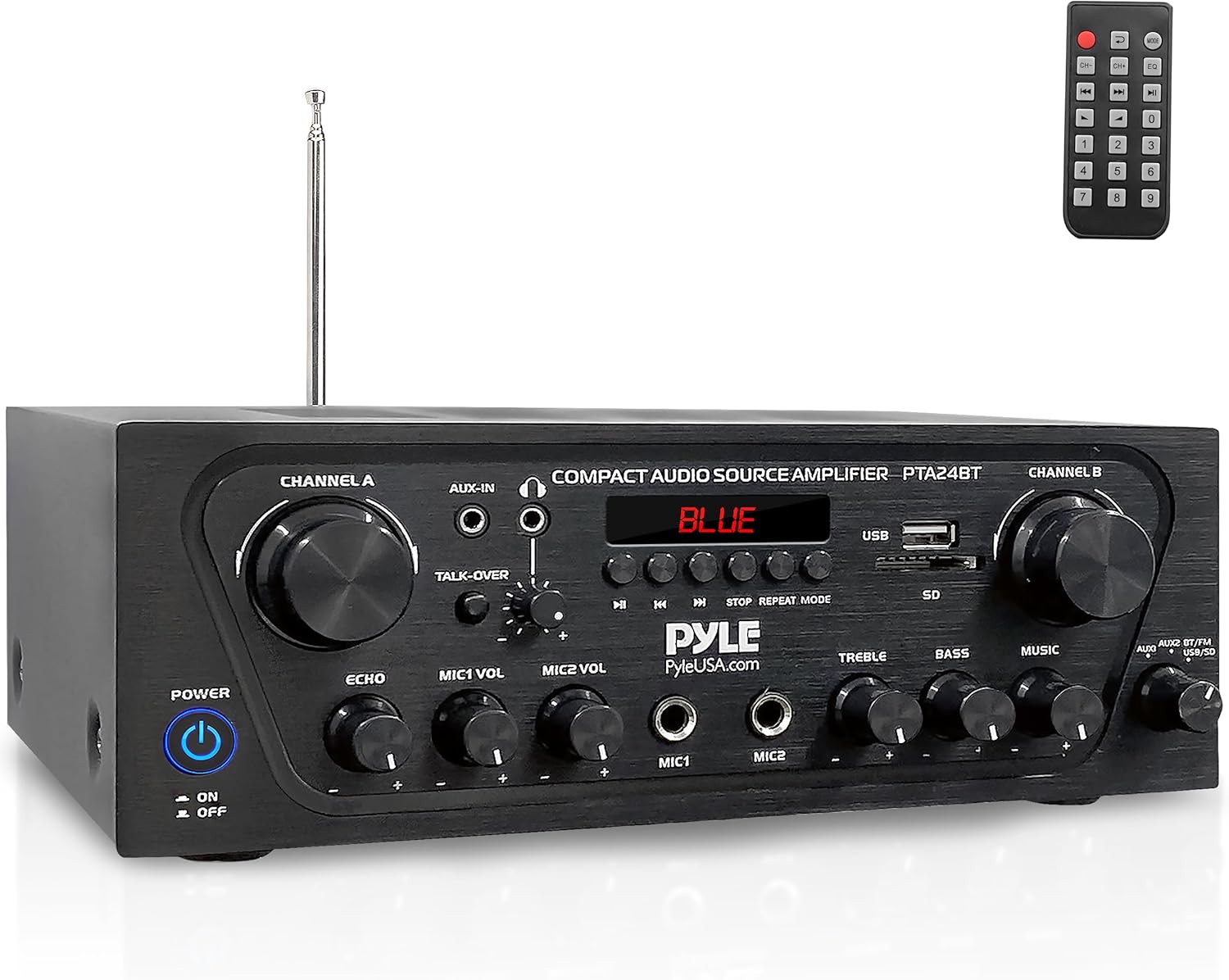 Pyle 2-Channel Bluetooth Home Stereo Amplifier - 250W Wireless Audio Receiver, Karaoke Optimized: Dual Mic In with Echo, Mic Talk-Over, FM Radio, USB-A MP3 Player, RCA, AUX, Remote Ctrl - PTA24BT