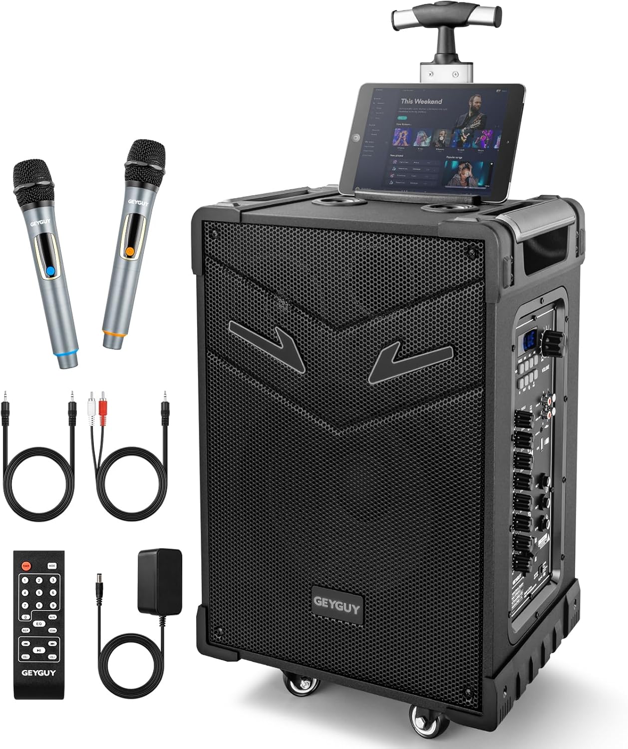 GTSK10-3 Portable Bluetooth PA Speaker System - Wireless Karaoke Loudspeaker with 10” Subwoofer, USB/SD/MP3/FM - Includes Dual UHF Mics, Remote, Rolling Wheels - Ideal for Parties, Events, Outdoors
