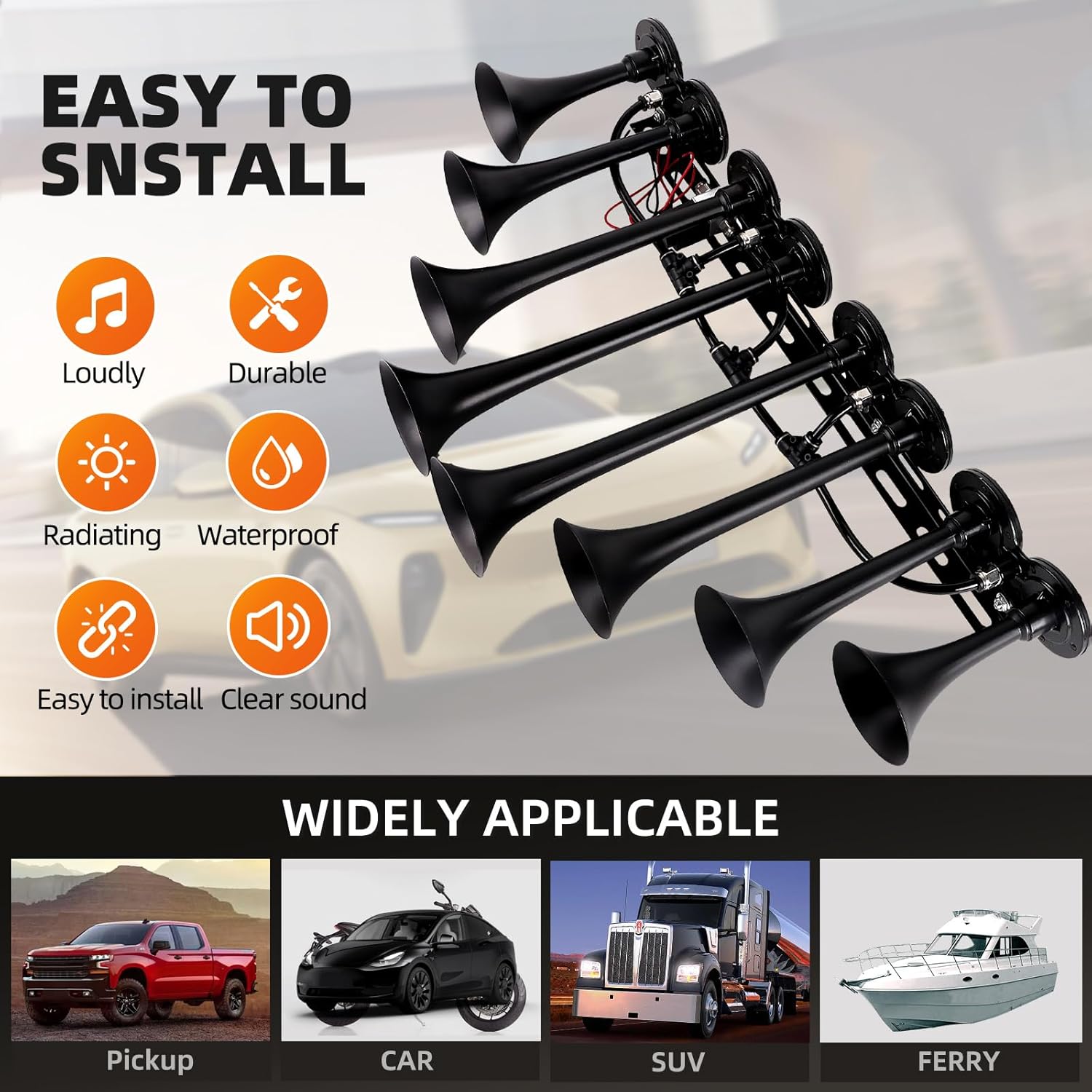 8-Trumpet Train Horn Metal Kit, 800dB super loud Air horn.Truck horns Suitable for 12V Large vehicles, such as semi-automatic driving/pickup/cars/trucks/RVs/SUVs, etc. (black wiht button)