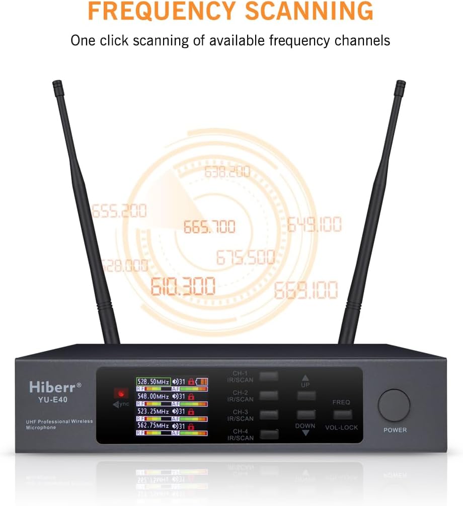 Wireless Microphone System, 4 Channels Adjustable UHF Wireless Microphone Metal Shell Vocal Wireless Mic for Church, Party, Singing, SpeechYU-E40HB Cordless Microphone