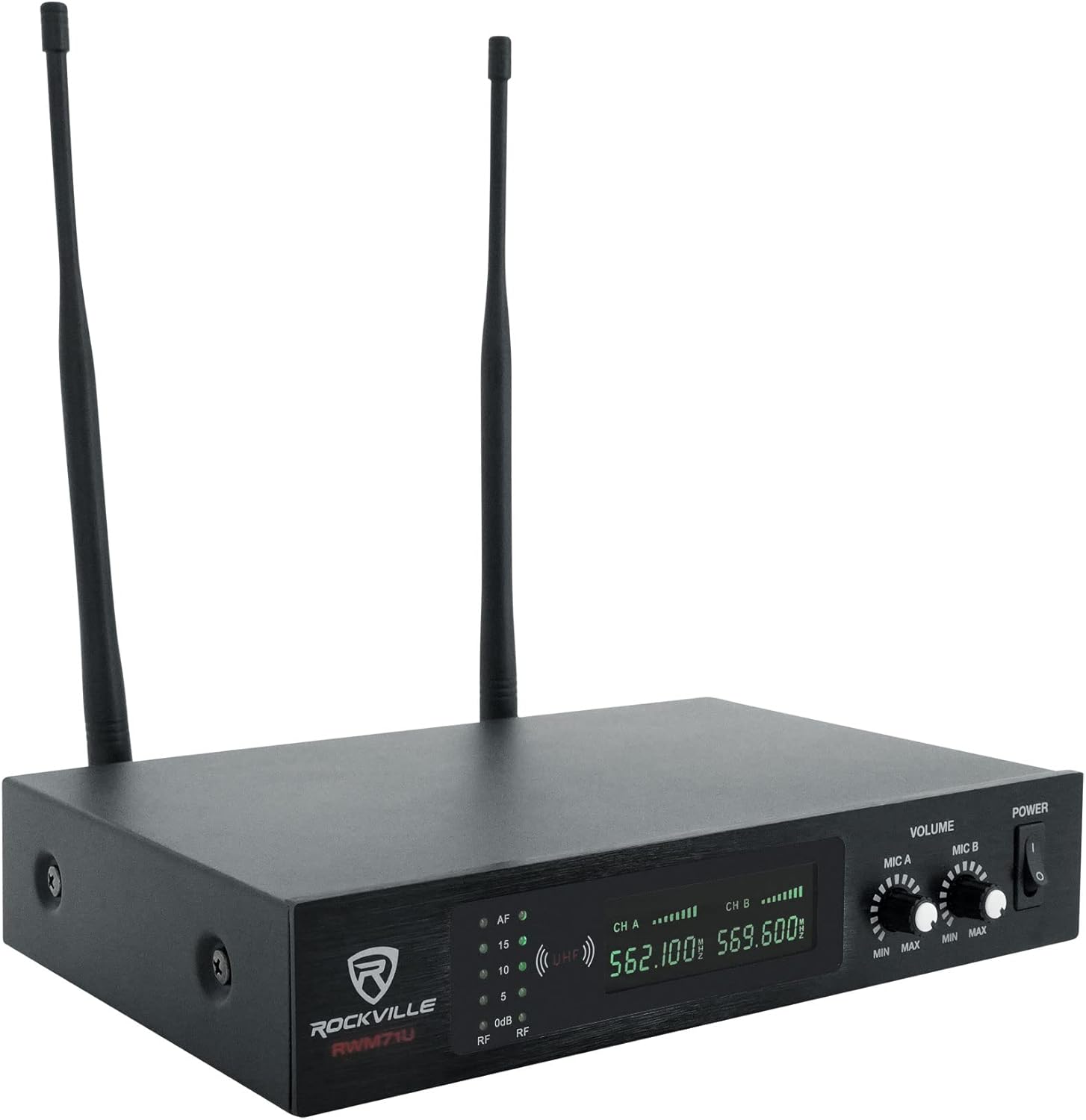 Rockville RWM71U Dual UHF Wireless Handheld Microphone System, Metal Receiver, 400ft Range, Auto Sync, LCD Display, XLR + 1/4
