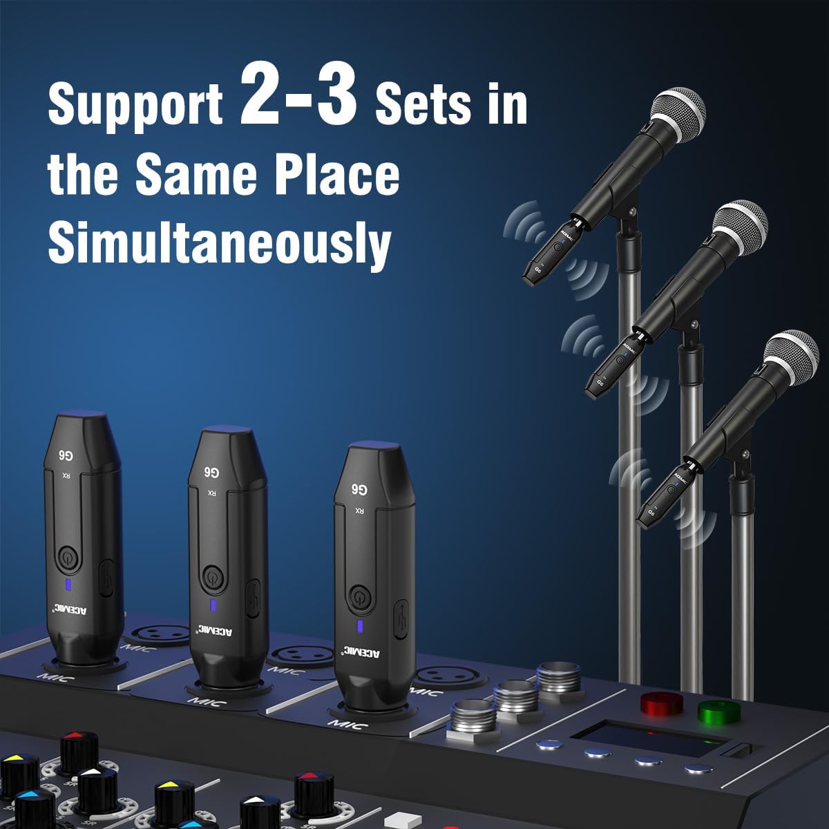 2.4G Wireless Microphone Audio Transmitter and Receiver System Plug-on XLR Mic Adapter 6 Channels for Dynamic Mic, Audio Mixer, PA System, G6