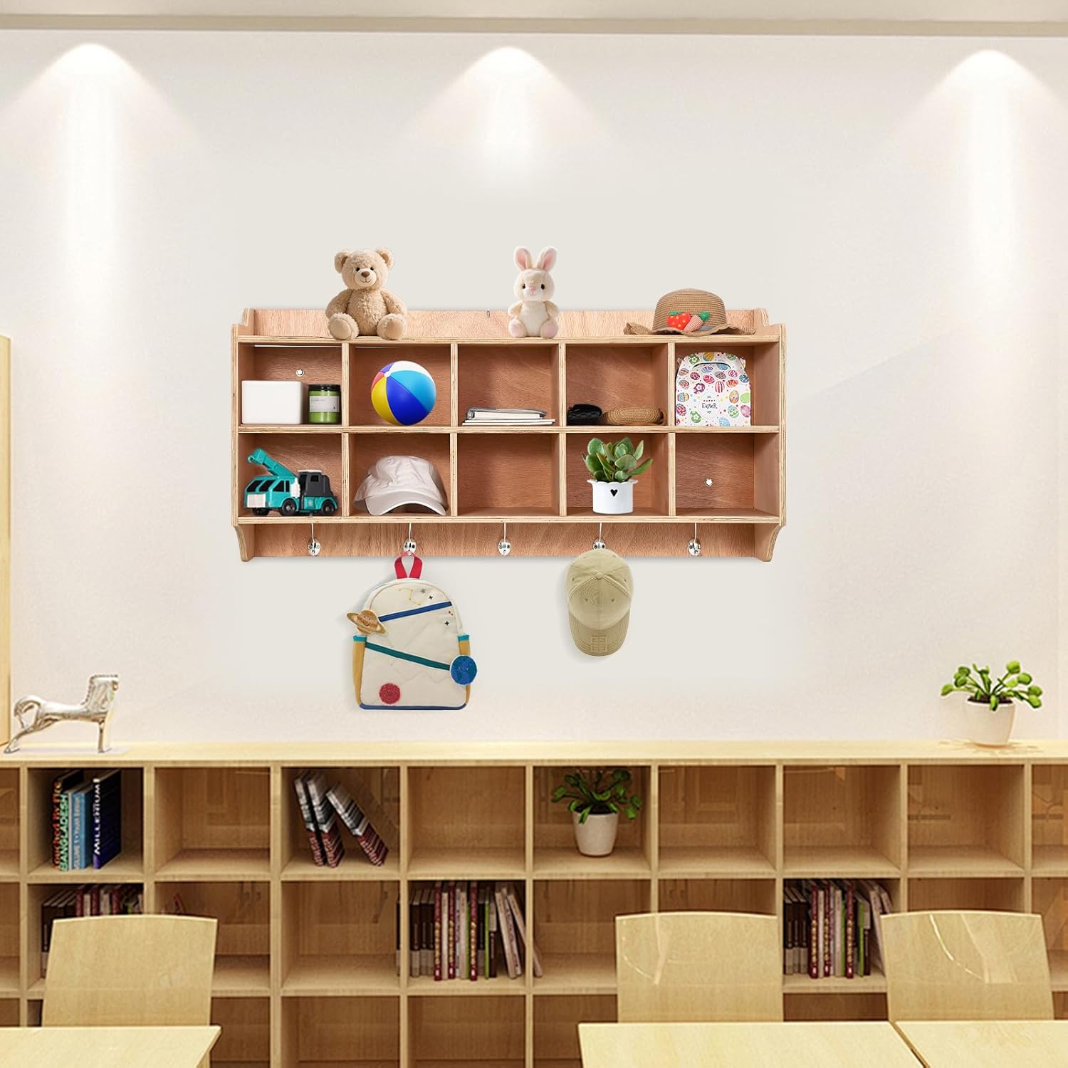 Cubby Storage Organizer Cubes, Daycare Shelves with 10 Cubbies Shoe Layer with Hooks and Shelf, Hanging Wall Mount, Furniture for Kids Toys, Classroom, 47Inch Width