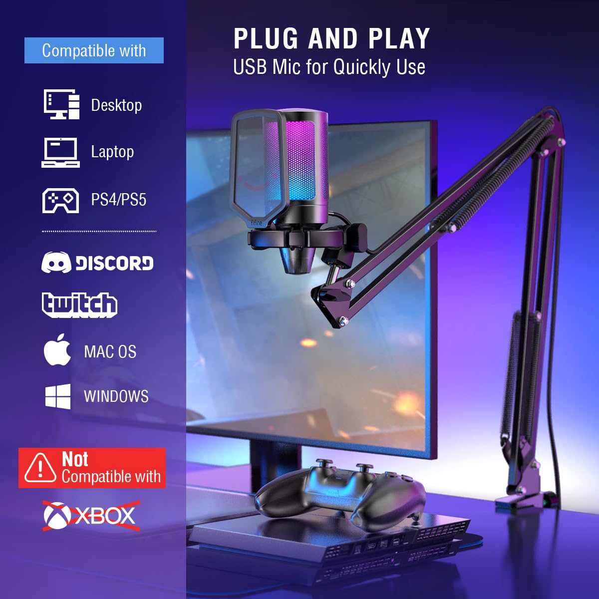 FIFINE Gaming Microphone & Headset Bundle: Computer Condenser RGB Mic with Arm Boom, PC Headset with 7.1 Surround Sound,Control Box, 3.5mm Jack for Streaming/Twitch/PS4/5 - A6T+H9