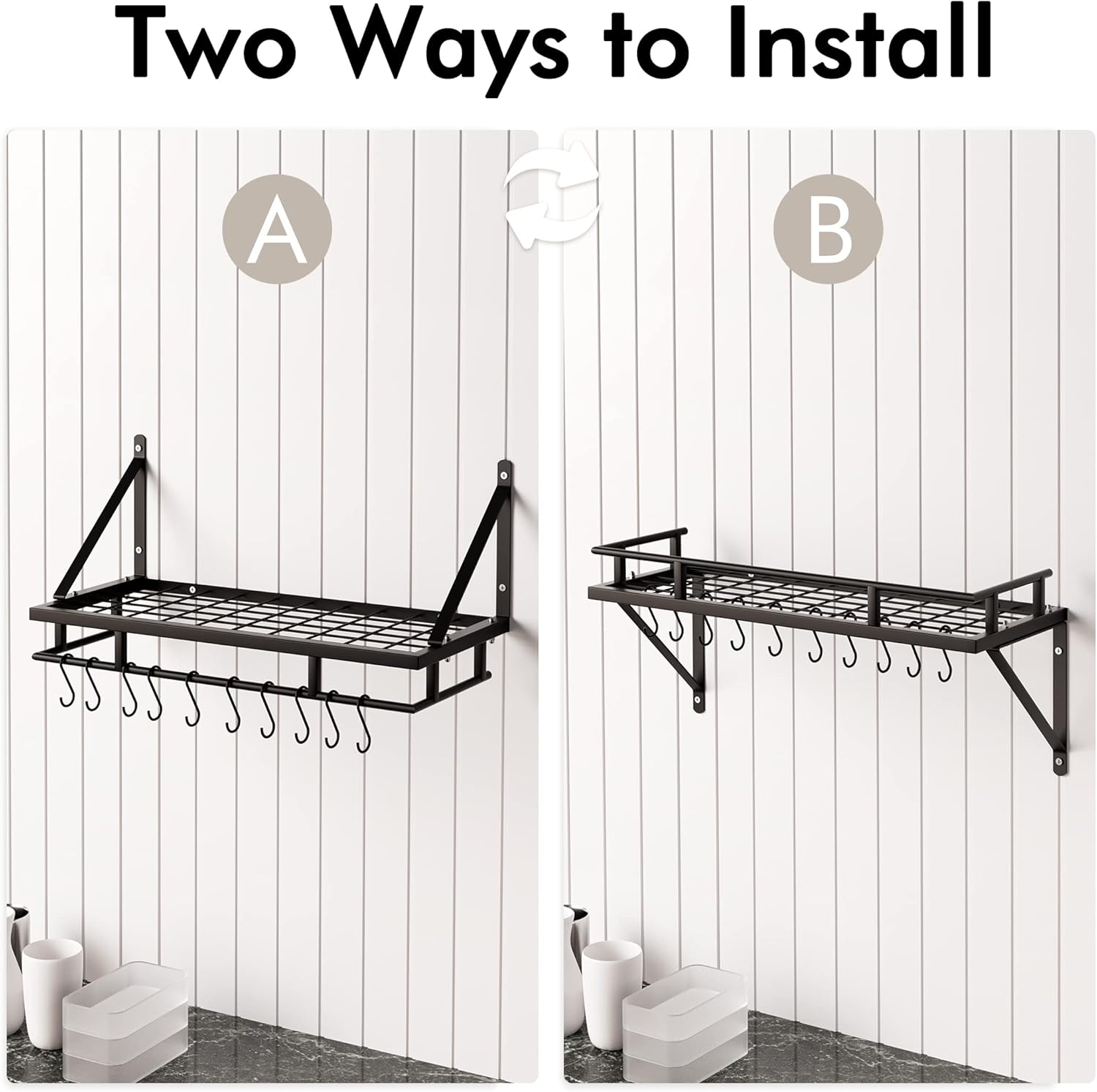 KES 24 Inch Kitchen Wall Mount Pot Pan Rack Wall Shelf and 30-Inch 2-Tier Kitchen Pot Rack with 12 Hooks Matte Black, KUR215S60-BK+KUR215S75B-BK