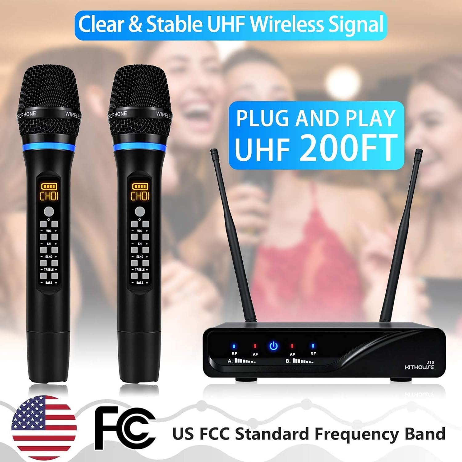 J10 Wireless Microphone Karaoke System Rechargeable, UHF Metal Cordless Microphone Handheld with Volume Echo Treble BASS Control and Receiver Box for Singing Karaoke Speech Meeting