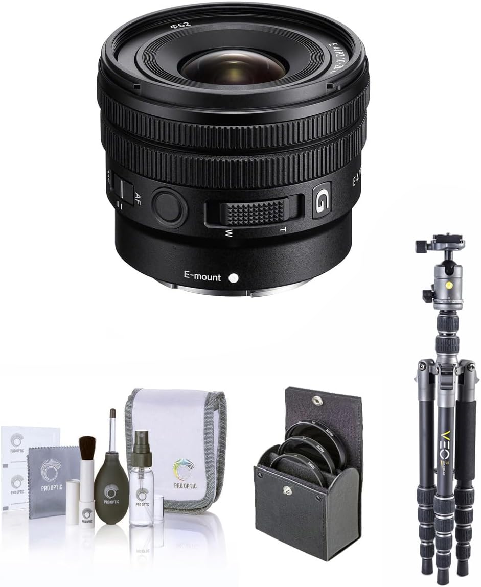 Sony E 10-20mm f/4 PZ G Lens for Sony E, Bundle with Vanguard VEO 3 GO 235AB 23mm 5-Section Aluminum Travel Tripod with T-50 Ball Head, 62mm Filter Kit, Cleaning Kit