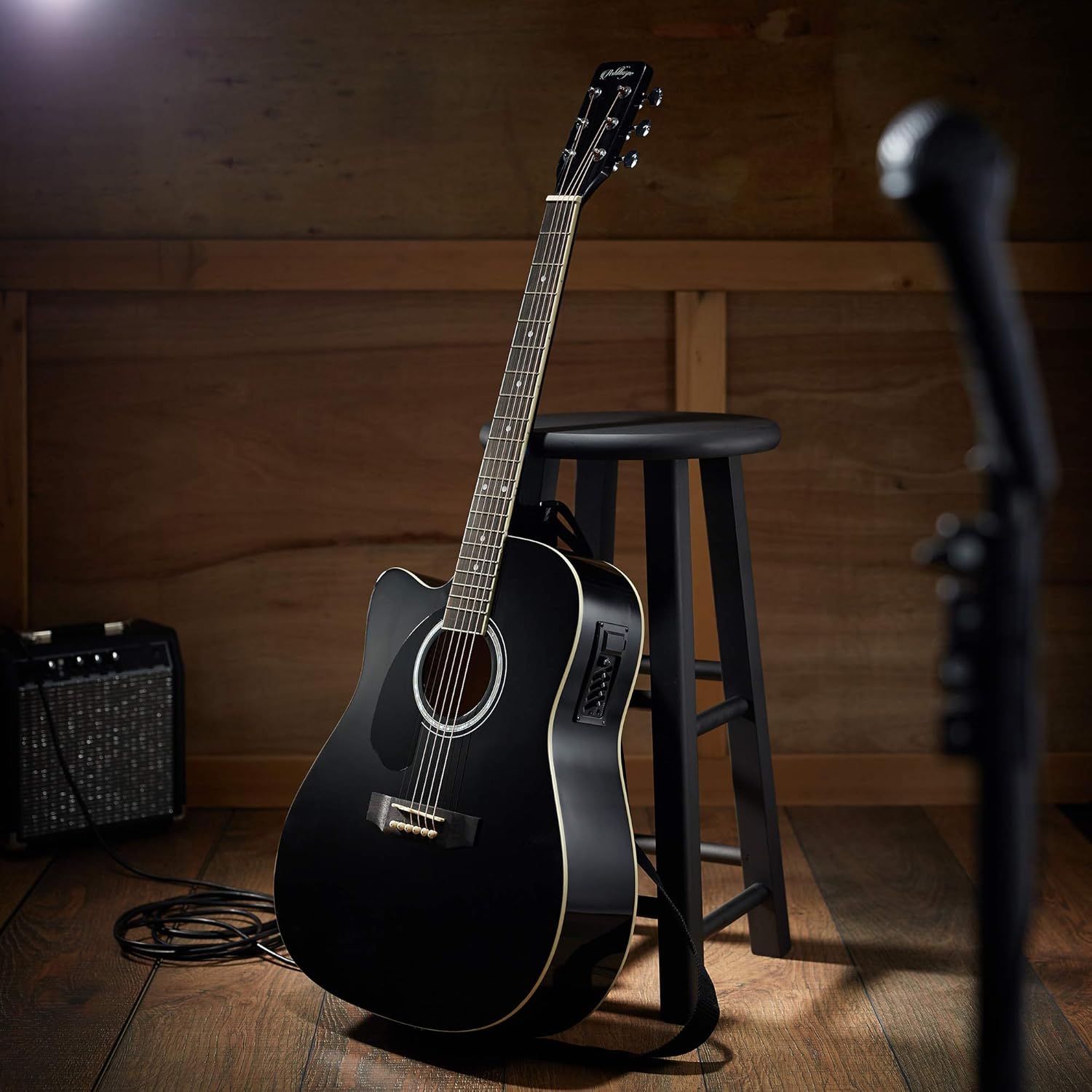 Ashthorpe Full-Size Left-Handed Dreadnought Cutaway Acoustic-Electric Guitar Bundle - Premium Tonewoods - Black