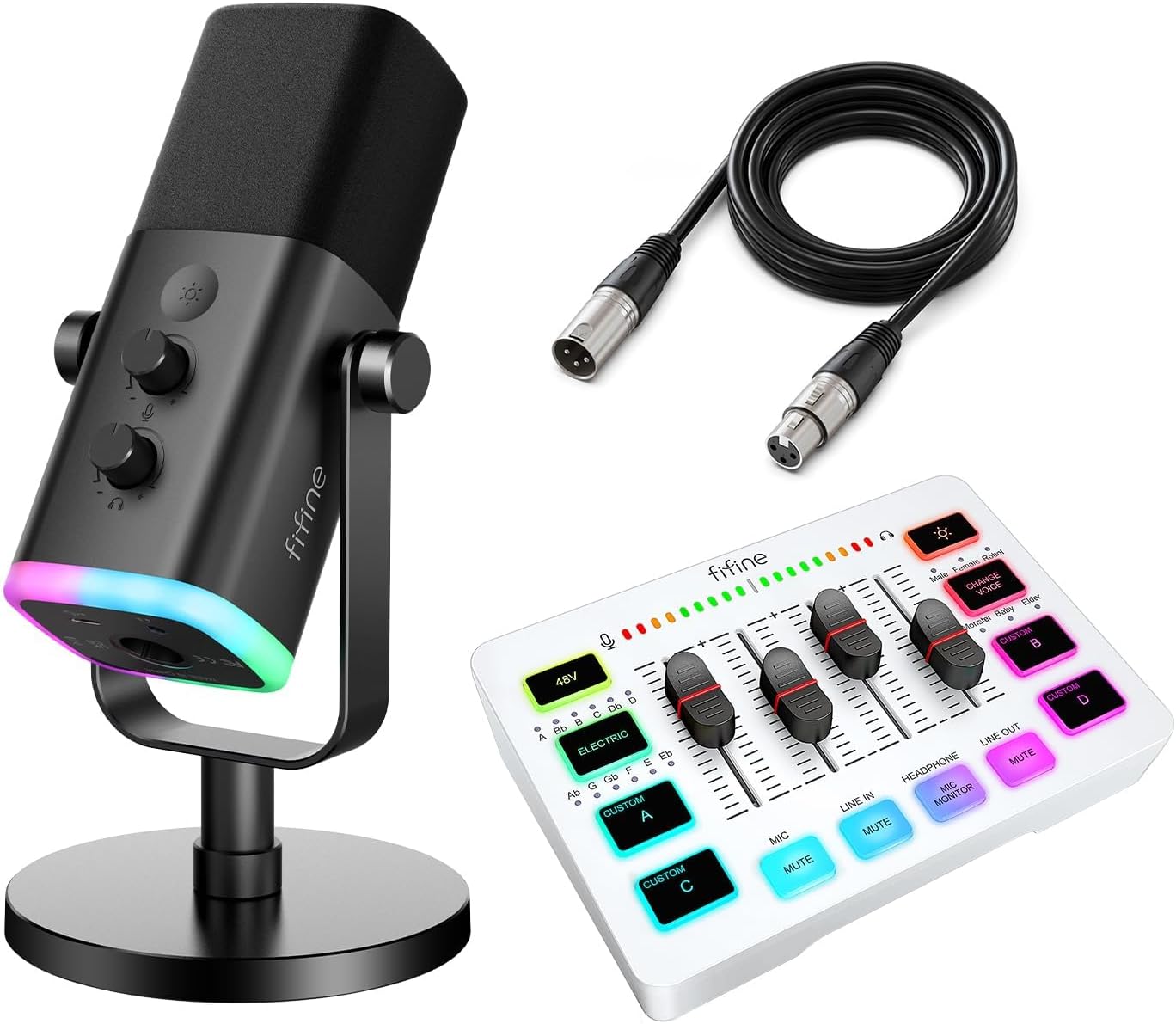 FIFINE Gaming Streaming Equipment Set with Mixer, Dynamic Microphone, XLR Cable for Podcast Recording, XLR/USB Vocal Mic with RGB Light, Desktop Stand, PC Mixer with Slider Fader for Video/Game Voice