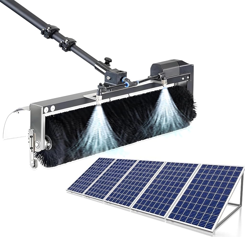Electric Solar Panel Cleaning Brush and Pole Kit, 24.6FT Extendable Washing Kit, with 360° Automatic Rotating, Outdoor Window Cleaning Tool for Solar Panel, Window, Roof, RV Plug