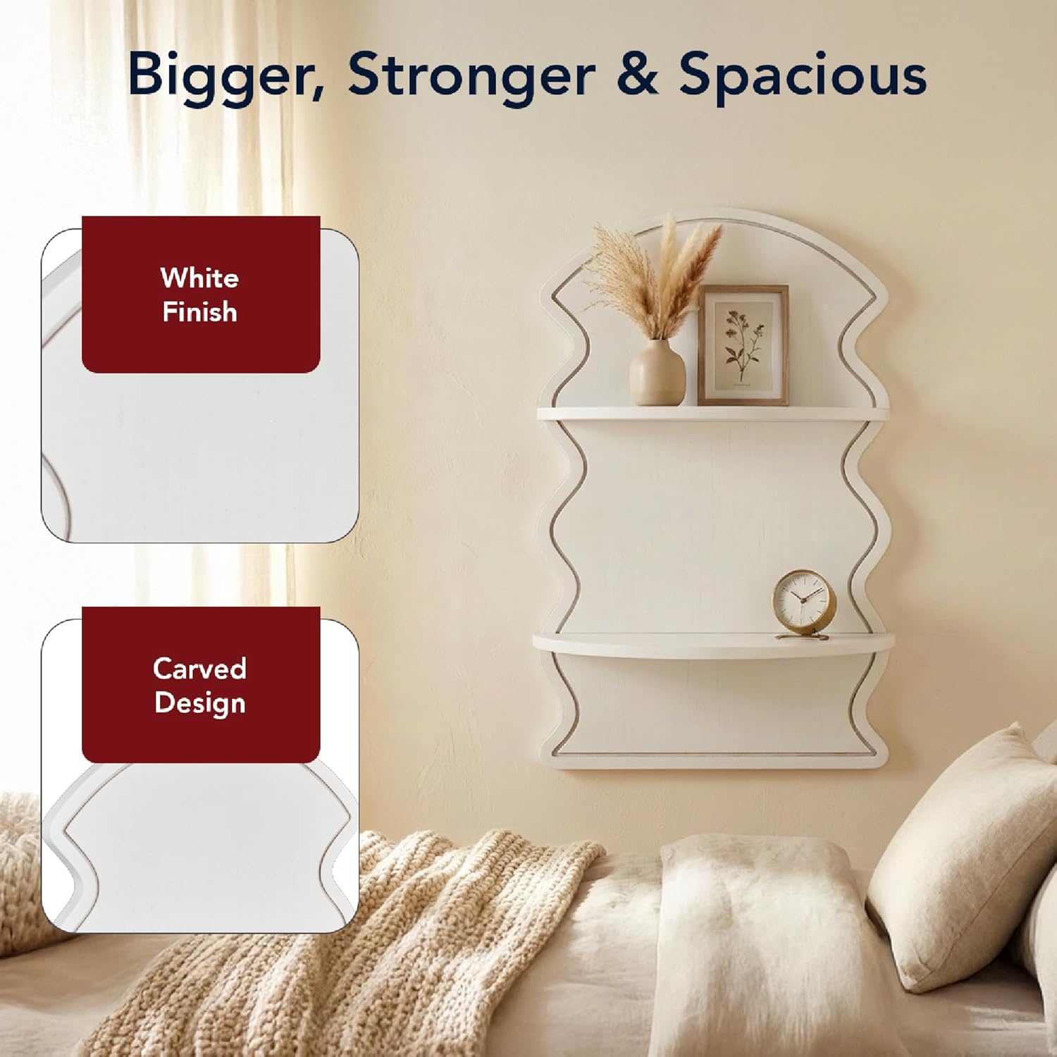 American Art Decor White Wavy Arched Lunar Ledges Wall Shelf, Wooden 2-Tier Floating Bookshelf for Wall, Carved Fluted Arch Display Shelf for Bedroom Bathroom Kitchen Living Room Decor, 14