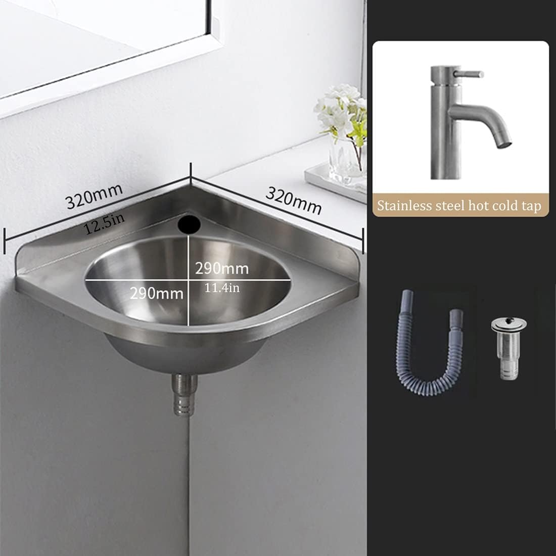 Small Wall Mount Kitchen Sink,Corner Stainless Steel Bathroom Corner Basin Station Sinks, Mini Vanity Hand Wash Bar Sink Single Bowl Sink for Kitchen RV Caravan Camper Boat