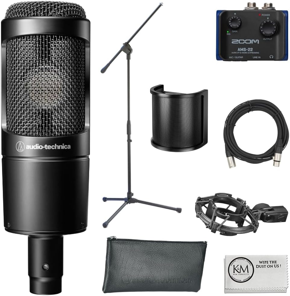 Audio-Technica AT2035 Cardioid Condenser Microphone Bundle with Audio Interface + Microphone Stand + Pop Filter + XLR Cable + Cleaning Cloth (6 Items)