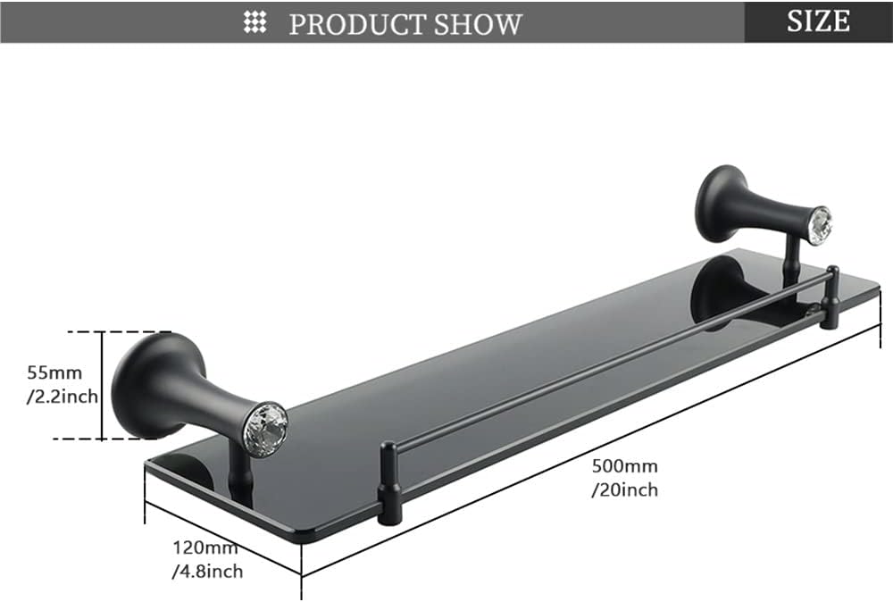 Shower Caddy 50cm Bathroom Glass Shelf, Bath Shower Shelf Holder, Single Layer Glass Storage Rack, Wall Mount with Crystal Head Bathroom Shelves Bathroom Organizer (Color : Matte Black)
