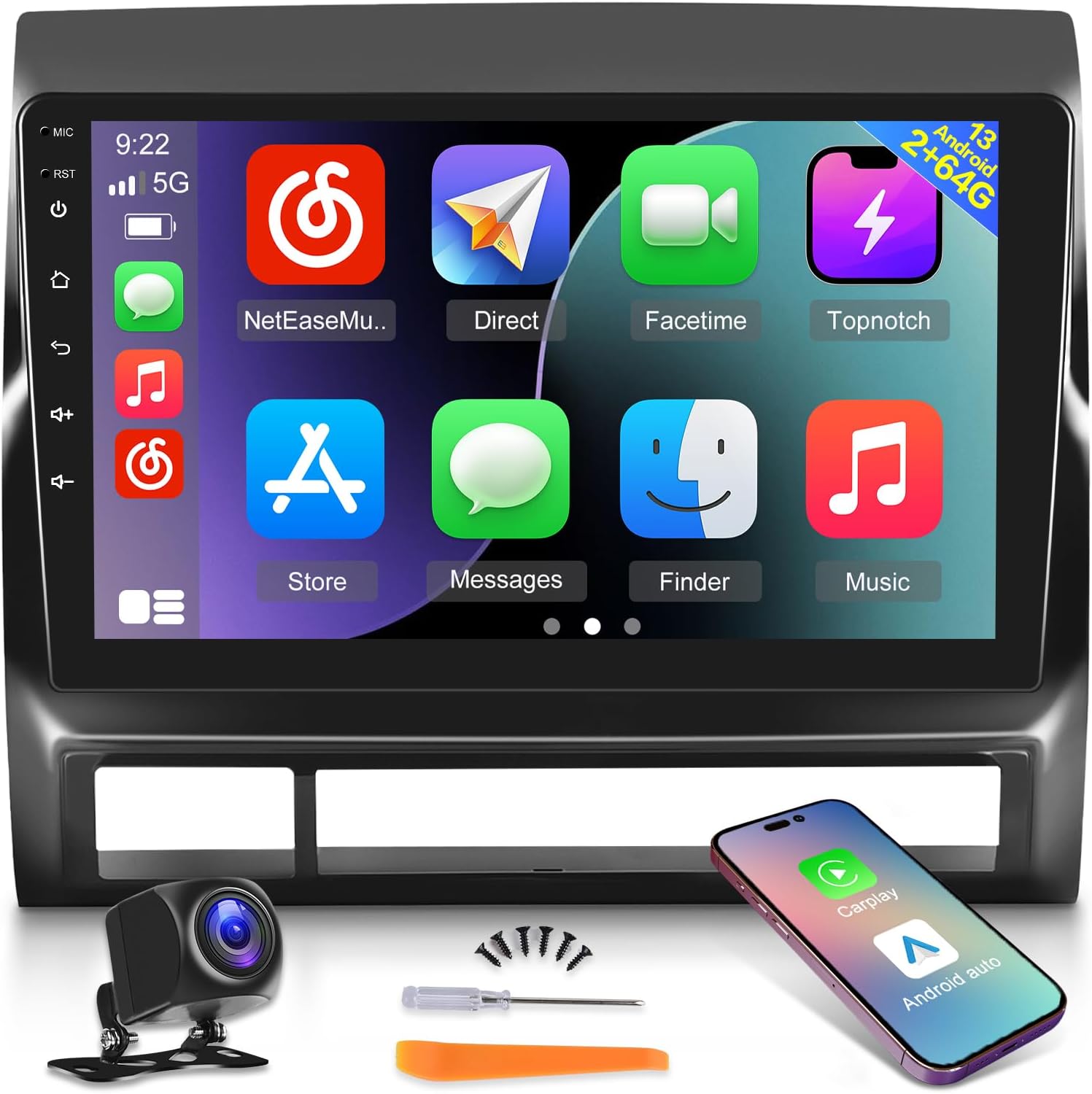 [2G+64G] Android 13 Car Radio for Toyota Tacoma 2005 2006 2007 2008 2009 2010 2011 2012 2013, Carplay/Android Auto/WiFi/Bluetooth Touch Screen Stereo + AHD Reverse Camera + MIC