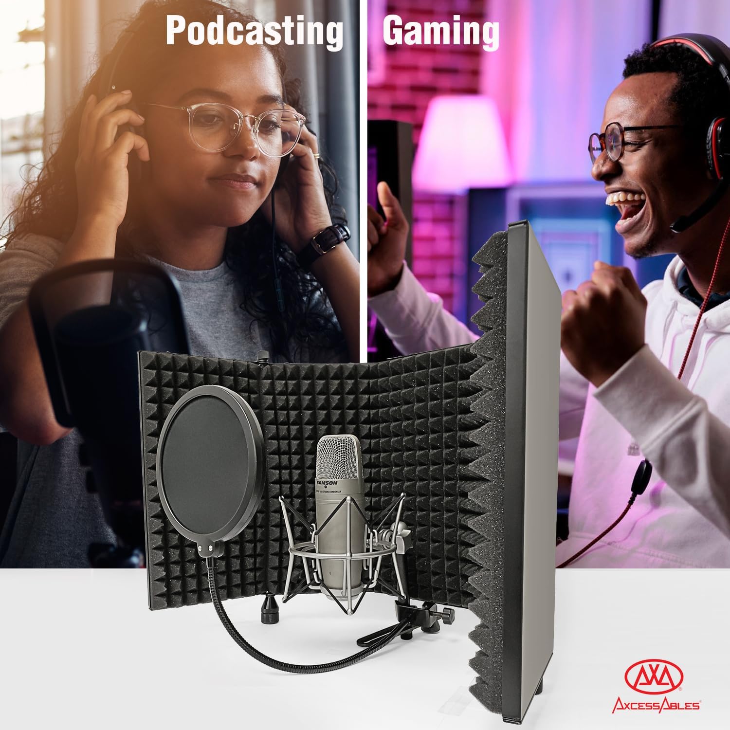 AxcessAbles Large 32x13 Recording Studio Microphone Isolation Shield w/ 3 Tier Tripod Stand and Pop Filter | Portable Sound Isolation Booth | Reflection Filter Shield | Studio Microphone Stand