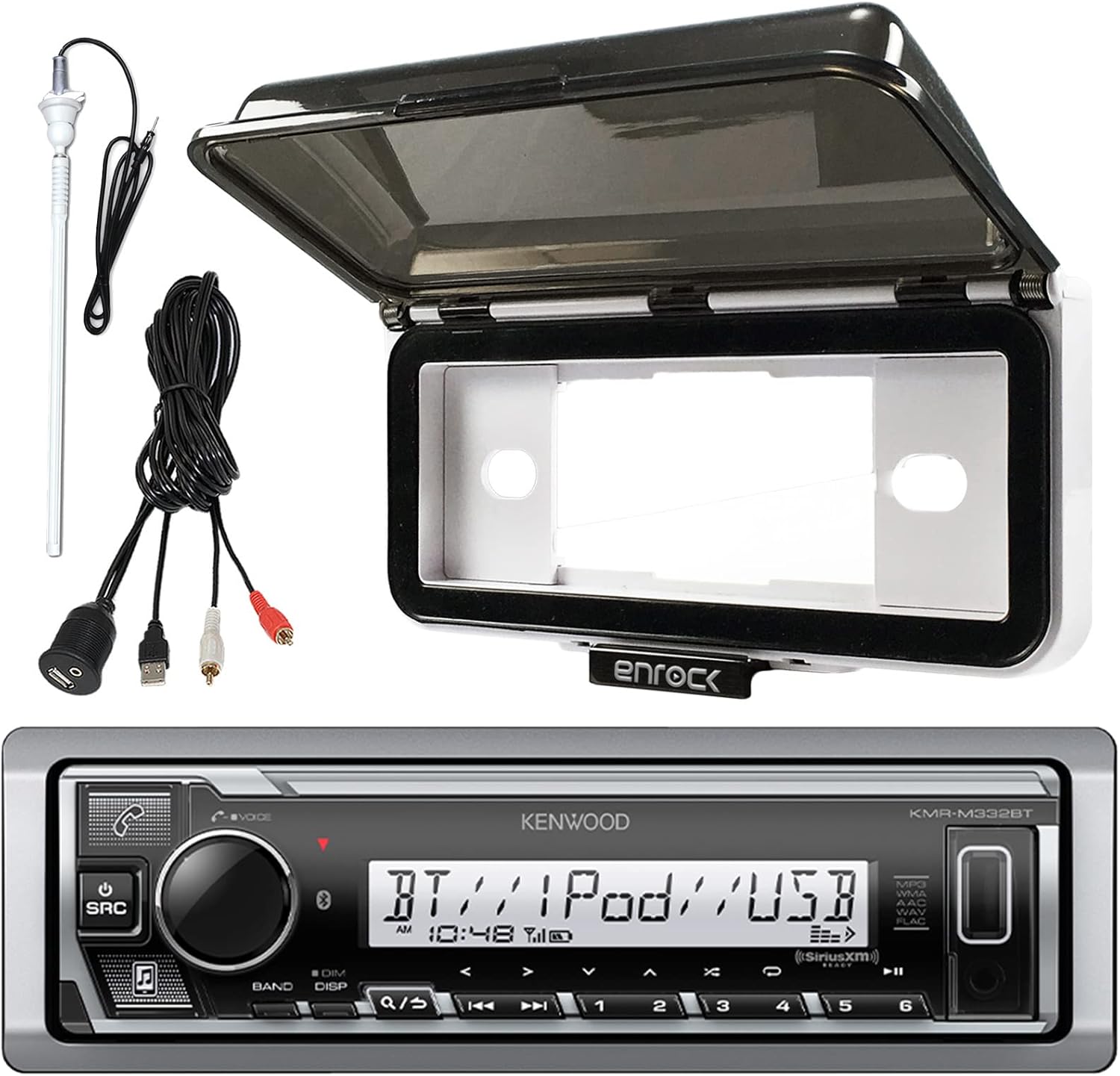 Single DIN In-Dash Marine Boat Audio Bluetooth USB Receiver Bundle Combo With White Waterproof Protective Cover Bundle Combo With Enrock USB/AUX To RCA Interface Mount Cable + Radio Antenna