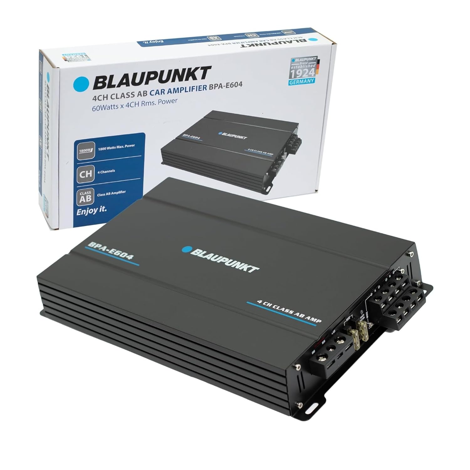 BLAUPUNKT BPA-E604 4-Channel Class AB Car Amplifier - 1800W Max Power, Bridged 360W RMS - Compact Design for Superior Sound Clarity