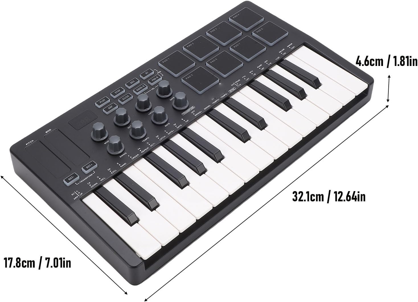Focket MIDI Keyboard, 25 Force Sensing Keys 8 RGB Backlit Pads 8 Knobs 2 Touch Strips with Wireless Connectivit for Music Production Live FL Studio Cubase Logic Pro X